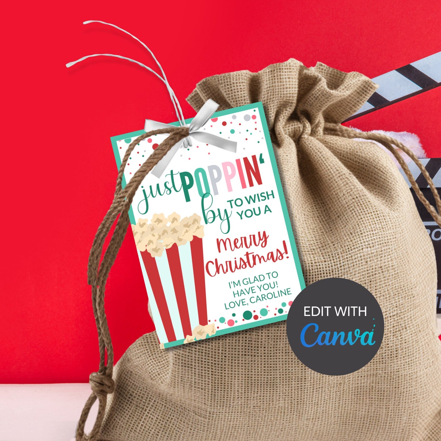 Popcorn Tags, Just Poppin By Gift Tag, Movie Lover Gift, Canva Template, Digital File, Popcorn Christmas, ust Poppin', Co Workers