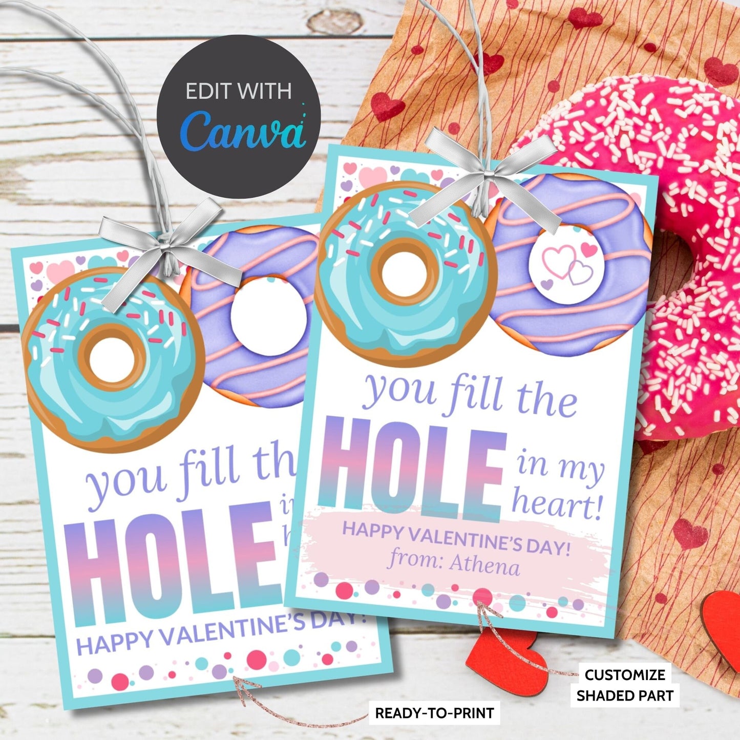 Printable Donut Hole Tag | Donut Birthday Valentine Baby Shower | Treat Topper | Chocolate Vanilla Sprinkle | Editable Template Donut Favor