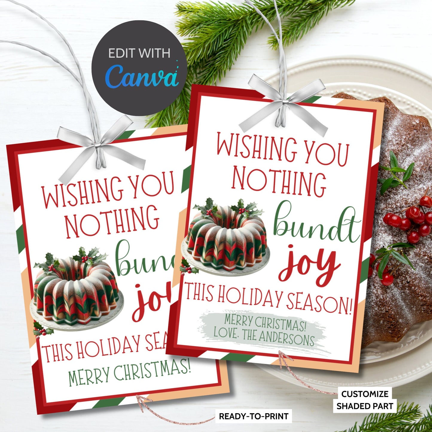 Christmas Tags Neighbor, Christmas Bundt Cake Gift, Wishing You A Bundtch Of Joy, Christmas Bundt Printable , Wishing You Nothing Bundt Joy