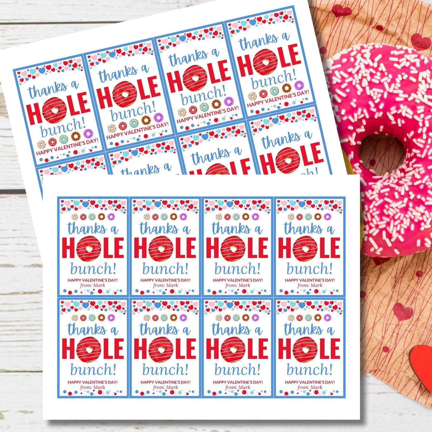 Printable Thanks a Hole Bunch Tag Boy | Valentine School Friend Teacher Gift | Donut Theme | Donut Stickers | Edit Yourself Instant Download
