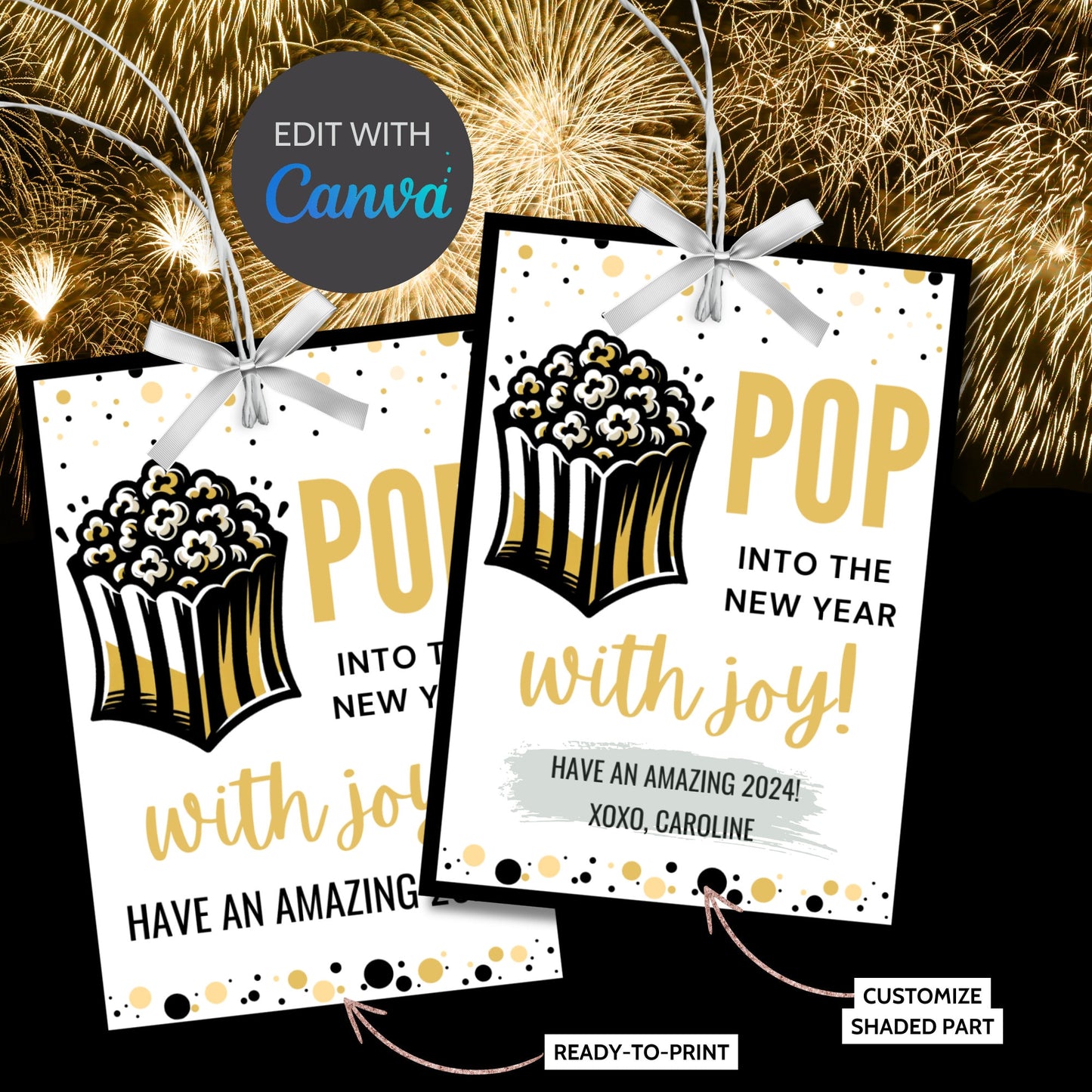 Popcorn Gift Tag, Pop Into the New Year, New Year Favor Tag, 2024 Gift Tag, Year Of The Dragon, Black & Gold