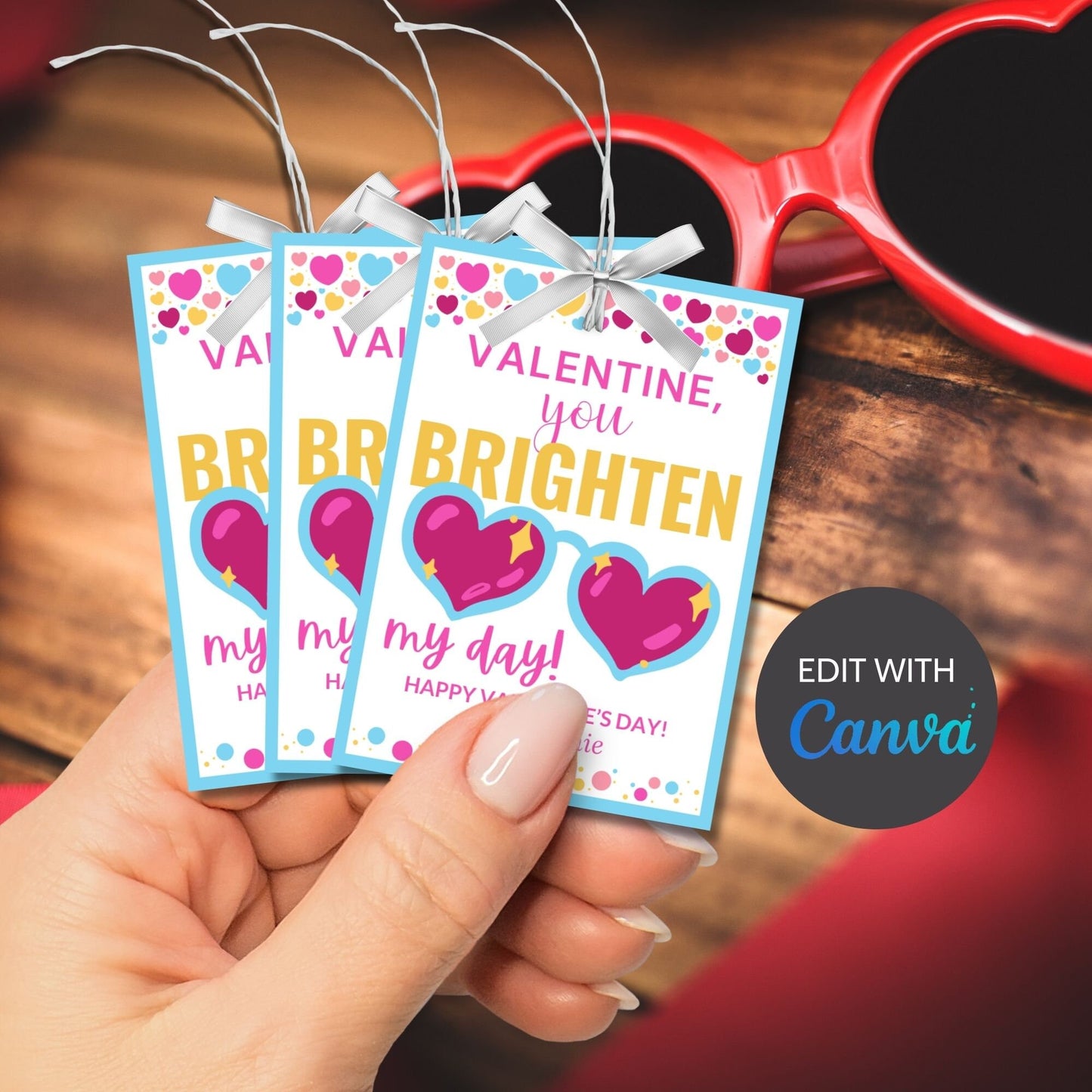 Printable Sunglasses Valentine | You Brighten My Day | Girl Valentine | Valentines For Kids | Editable Heart Sunglasses Valentines Day Tag