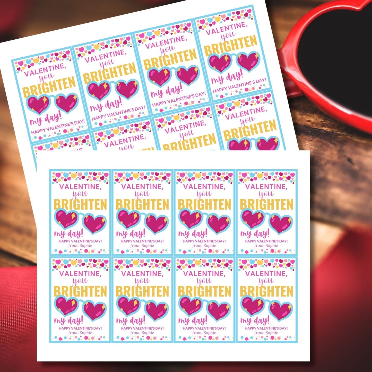 Printable Sunglasses Valentine | You Brighten My Day | Girl Valentine | Valentines For Kids | Editable Heart Sunglasses Valentines Day Tag