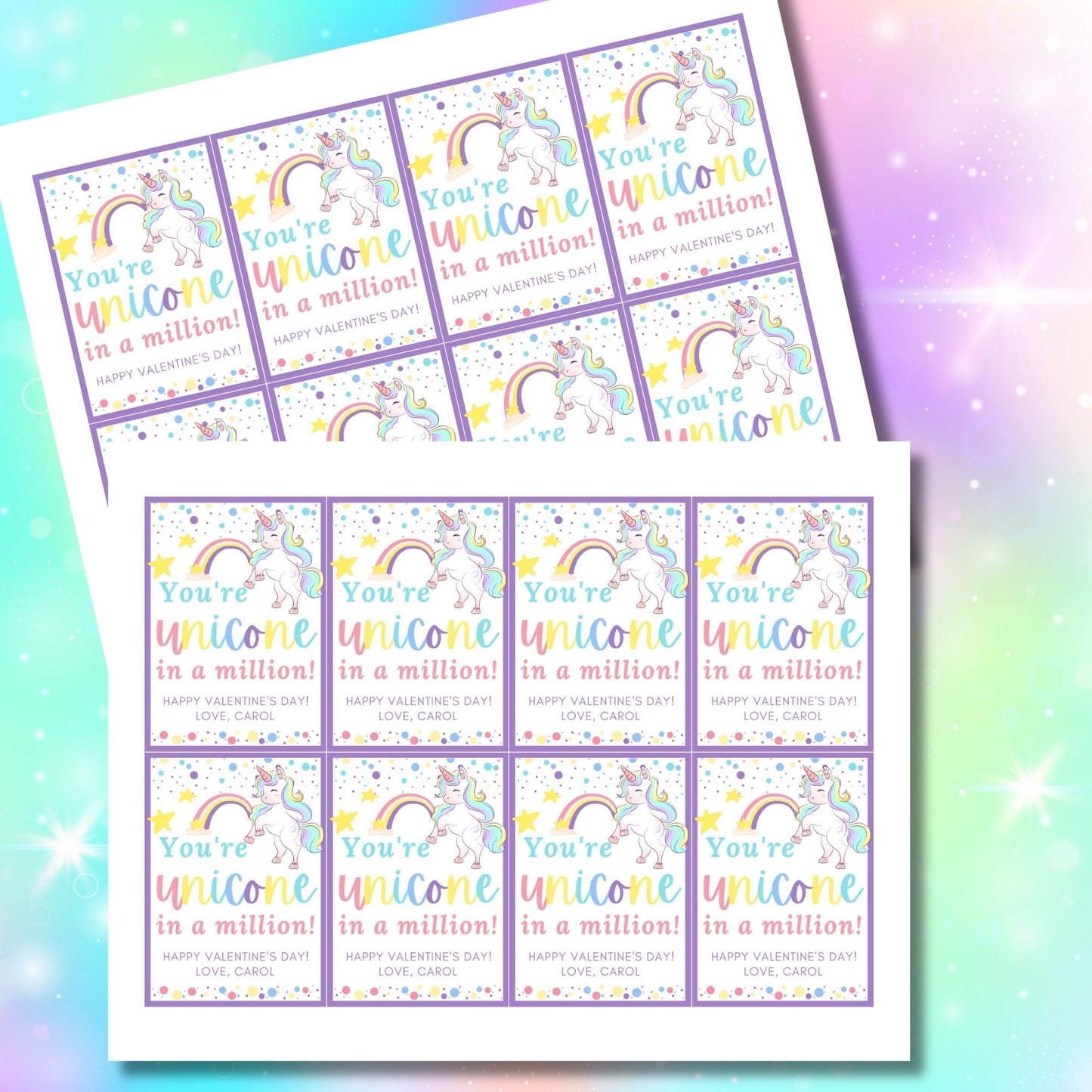 Printable Valentines Unicorn Tag | School Valentines | Kids Unicorn Vday Tag | Printable Valentine Gifts Tags | Rainbow Valentine