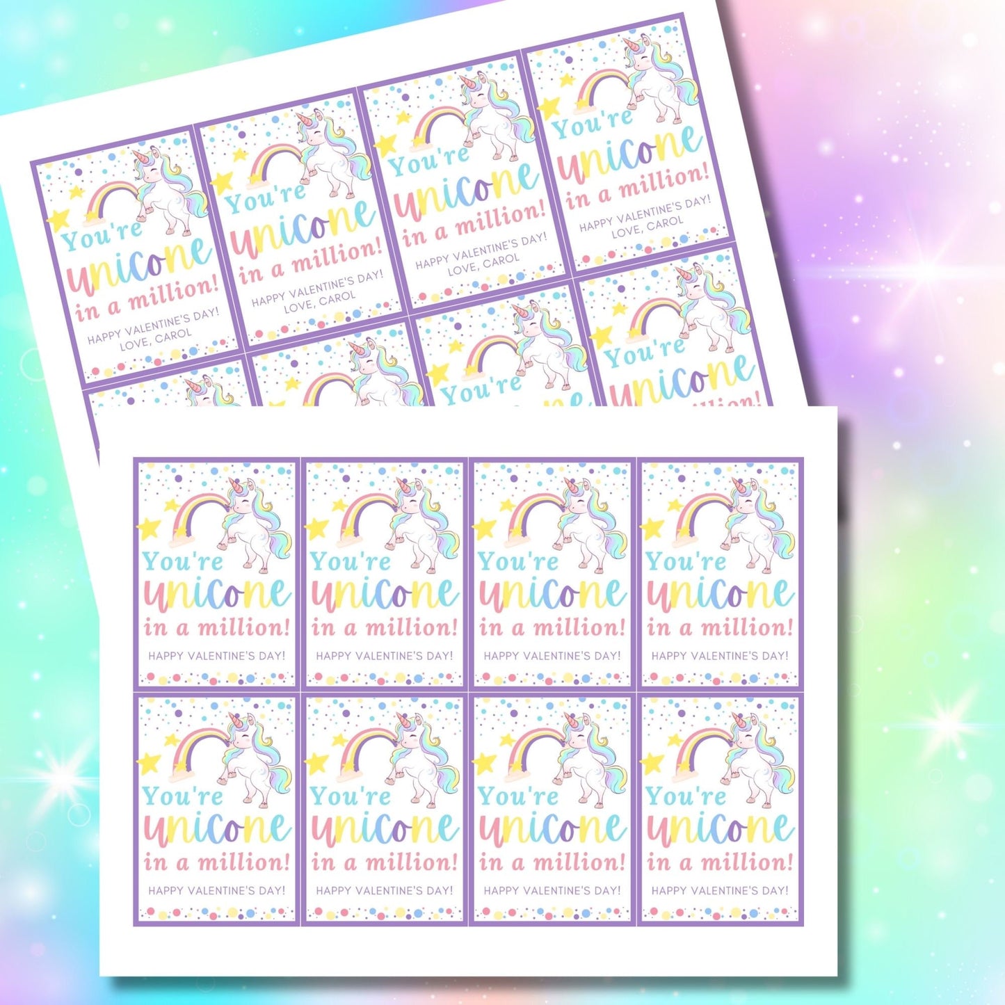 Printable Valentines Unicorn Tag | School Valentines | Kids Unicorn Vday Tag | Printable Valentine Gifts Tags | Rainbow Valentine