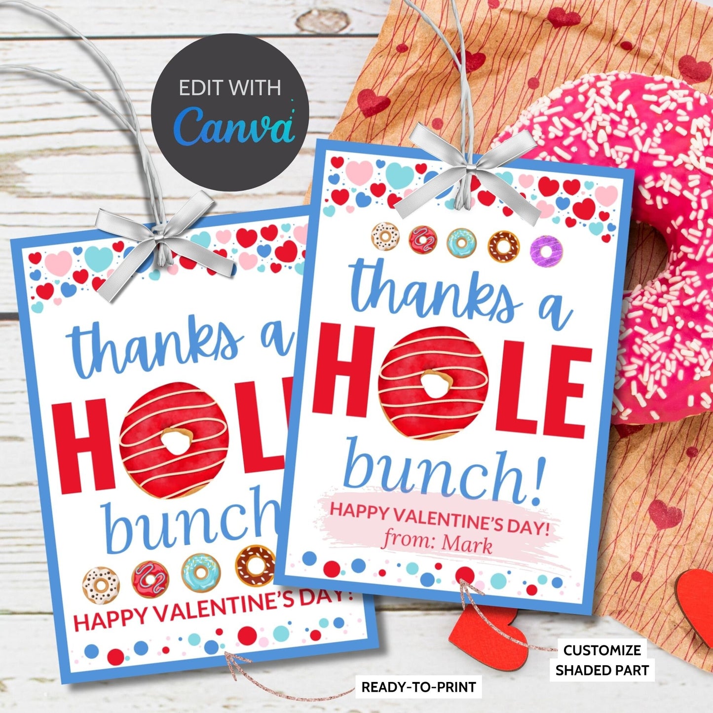 Printable Thanks a Hole Bunch Tag Boy | Valentine School Friend Teacher Gift | Donut Theme | Donut Stickers | Edit Yourself Instant Download