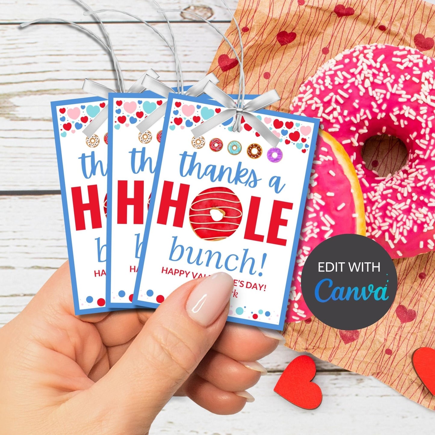 Printable Thanks a Hole Bunch Tag Boy | Valentine School Friend Teacher Gift | Donut Theme | Donut Stickers | Edit Yourself Instant Download