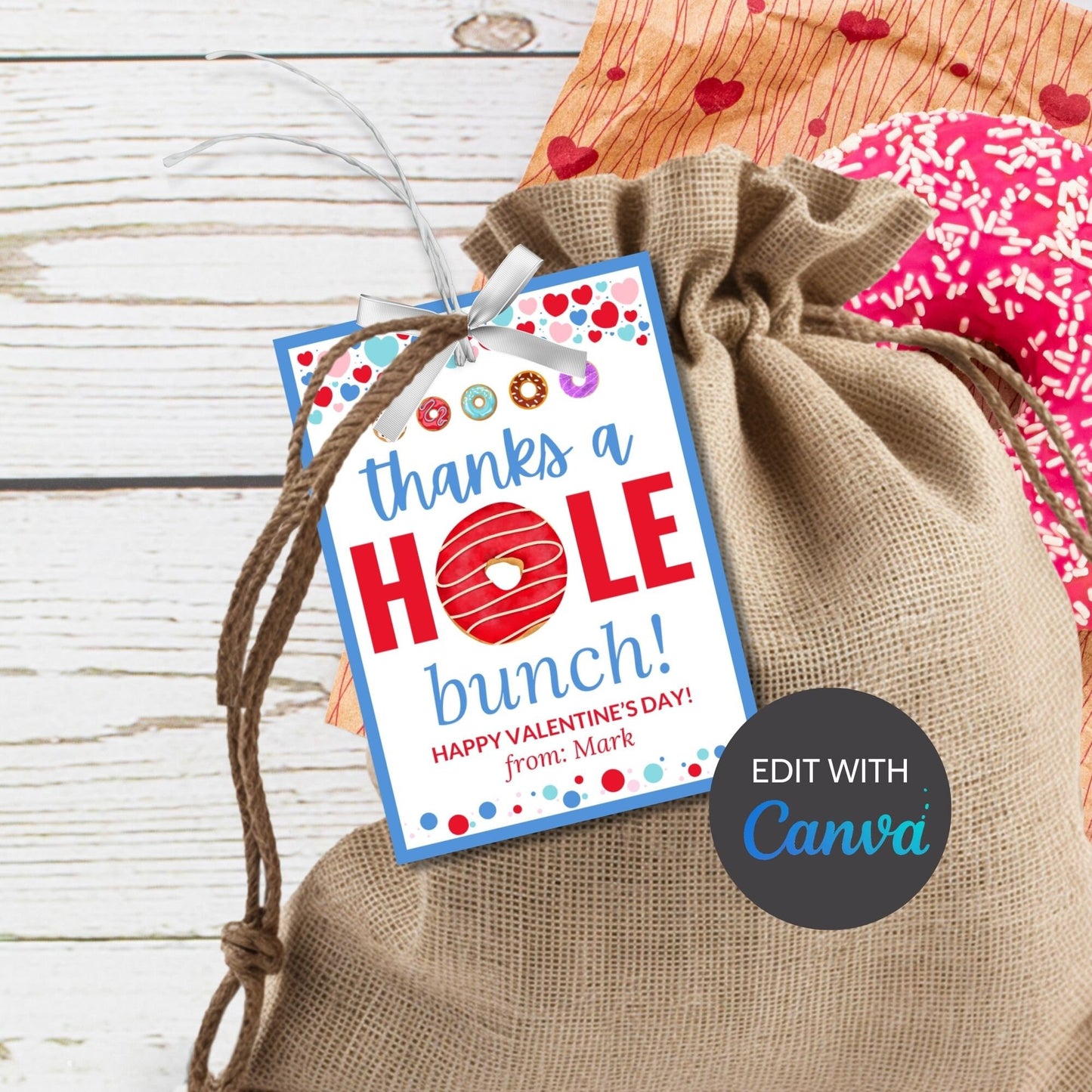 Printable Thanks a Hole Bunch Tag Boy | Valentine School Friend Teacher Gift | Donut Theme | Donut Stickers | Edit Yourself Instant Download