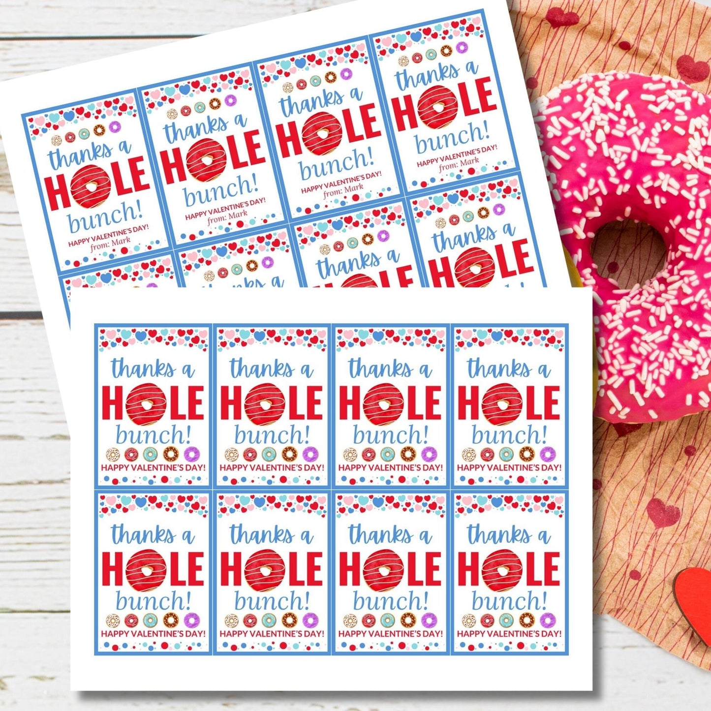 Printable Thanks a Hole Bunch Tag Boy | Valentine School Friend Teacher Gift | Donut Theme | Donut Stickers | Edit Yourself Instant Download