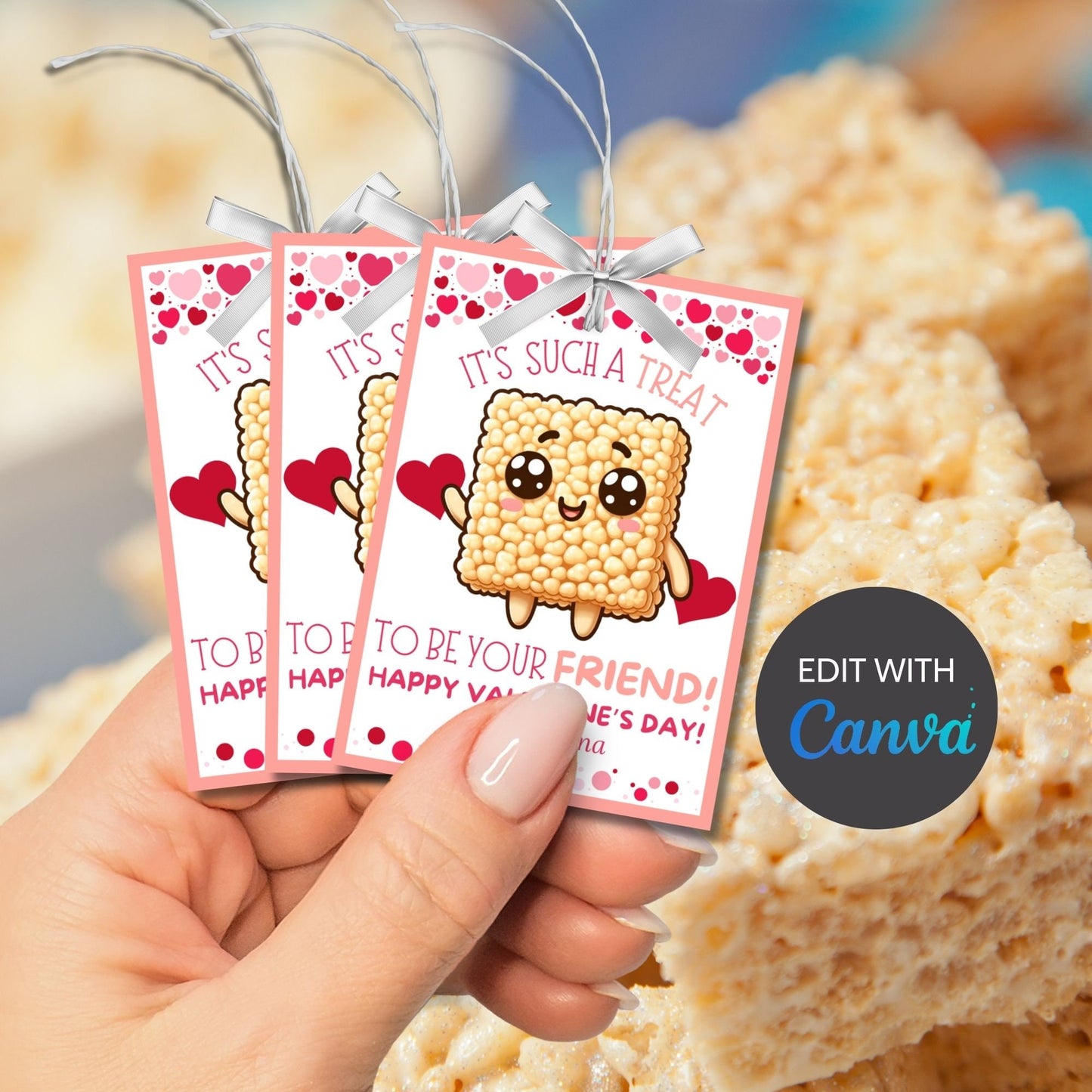 Rice Krispy Treat Printable Valentine Cards | Rice Crispies | Kids Classmate Classroom Friend Snack Bars | Pdf Printable Editable Name