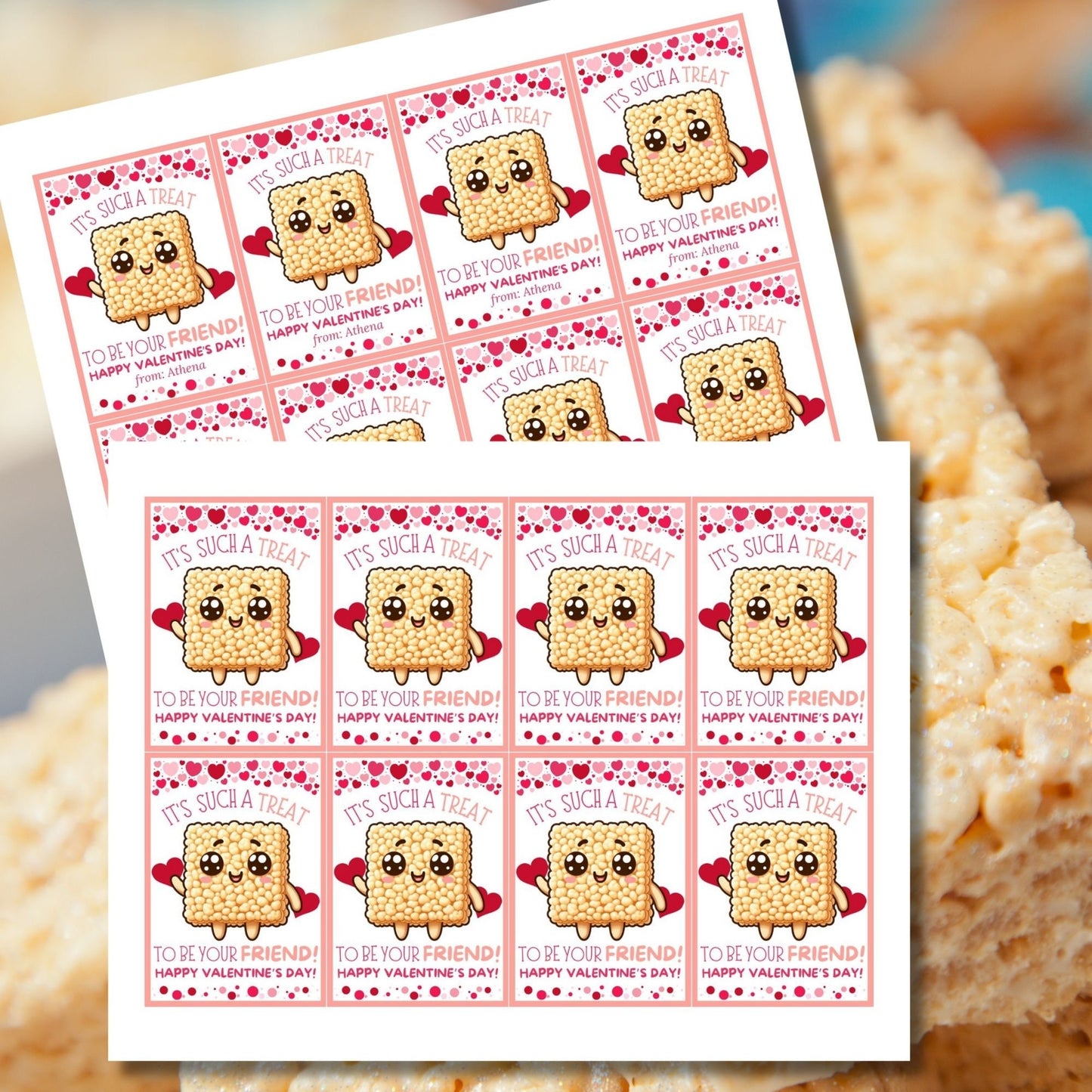 Rice Krispy Treat Printable Valentine Cards | Rice Crispies | Kids Classmate Classroom Friend Snack Bars | Pdf Printable Editable Name