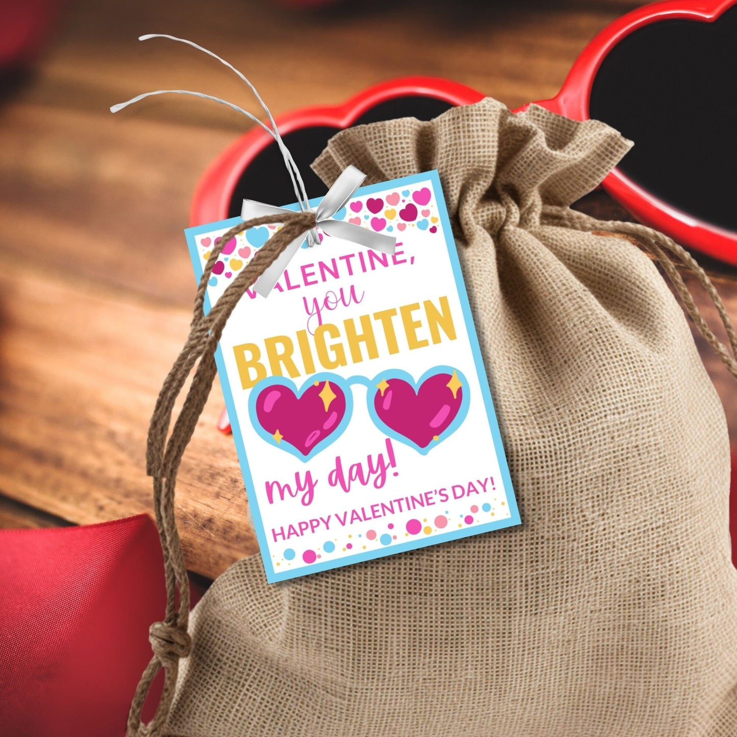 Printable Sunglasses Valentine | You Brighten My Day | Girl Valentine | Valentines For Kids | Editable Heart Sunglasses Valentines Day Tag