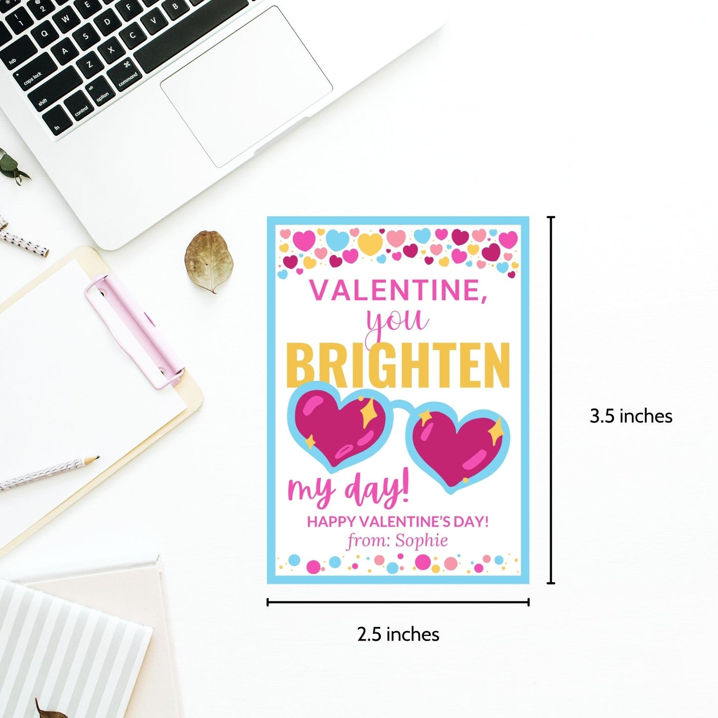 Printable Sunglasses Valentine | You Brighten My Day | Girl Valentine | Valentines For Kids | Editable Heart Sunglasses Valentines Day Tag