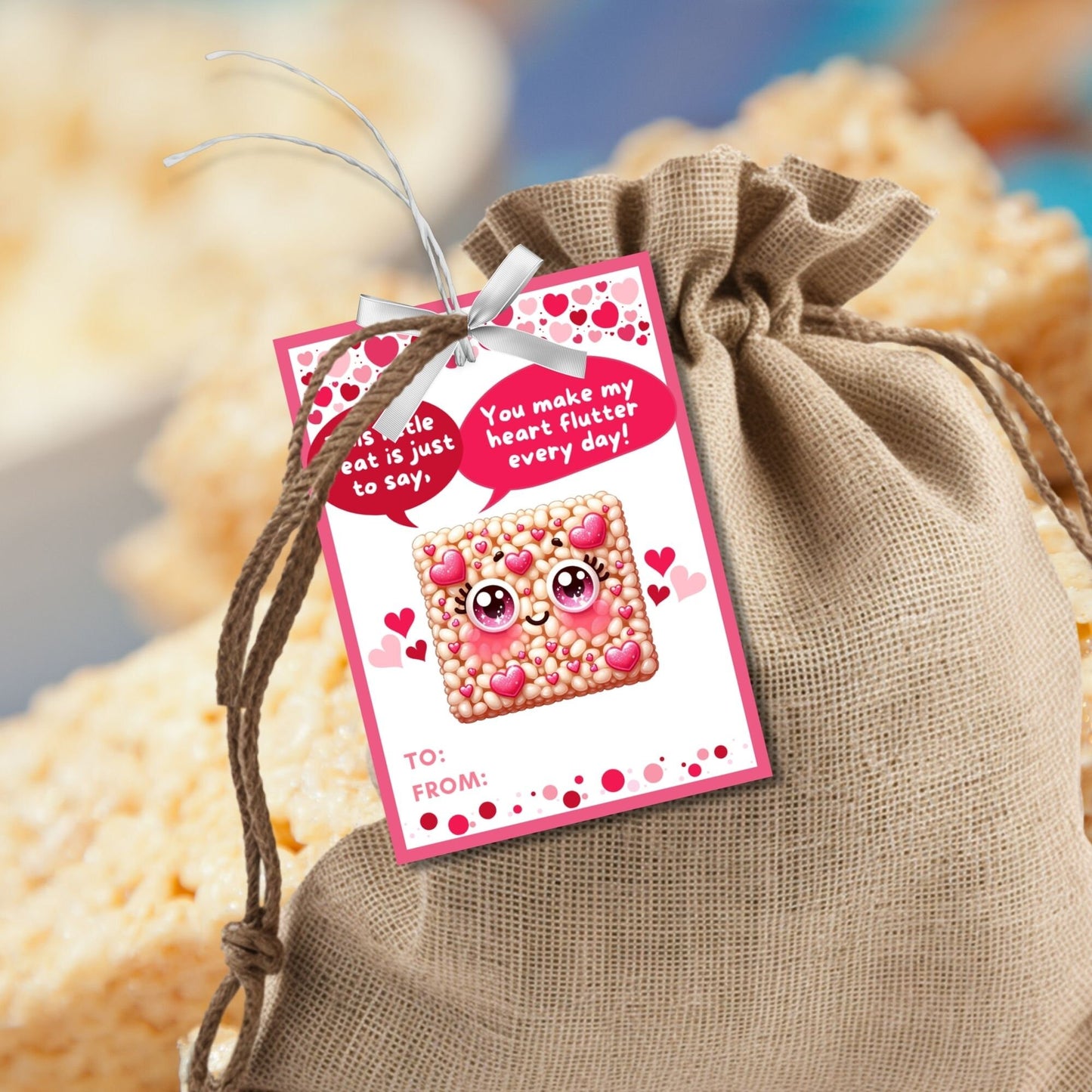 Kids Rice Krispy Crispies Sweet Treat Cute Printable Valentine Card Tag | Classmate Classroom Friend Kawaii Snack Bar Favor Tag