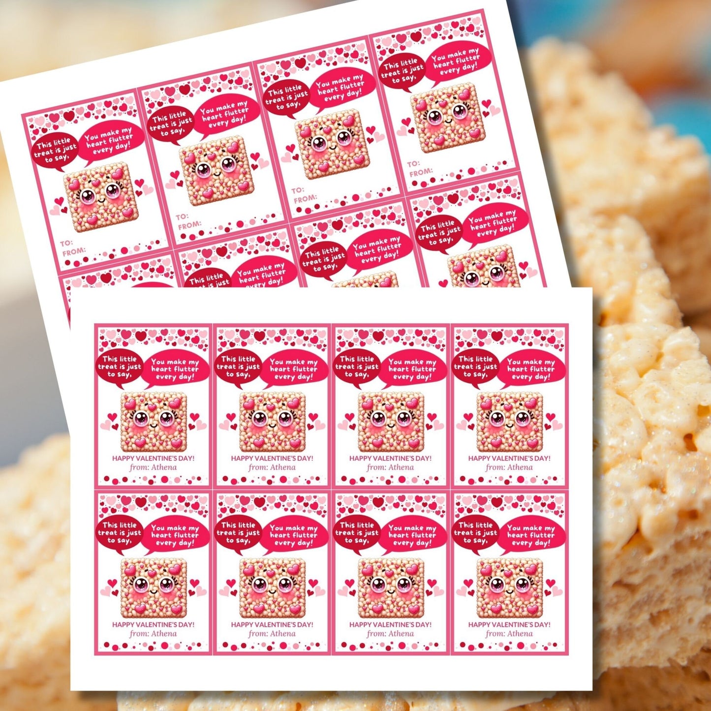 Kids Rice Krispy Crispies Sweet Treat Cute Printable Valentine Card Tag | Classmate Classroom Friend Kawaii Snack Bar Favor Tag