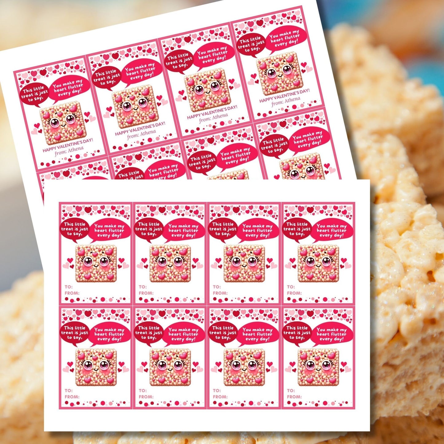 Kids Rice Krispy Crispies Sweet Treat Cute Printable Valentine Card Tag | Classmate Classroom Friend Kawaii Snack Bar Favor Tag