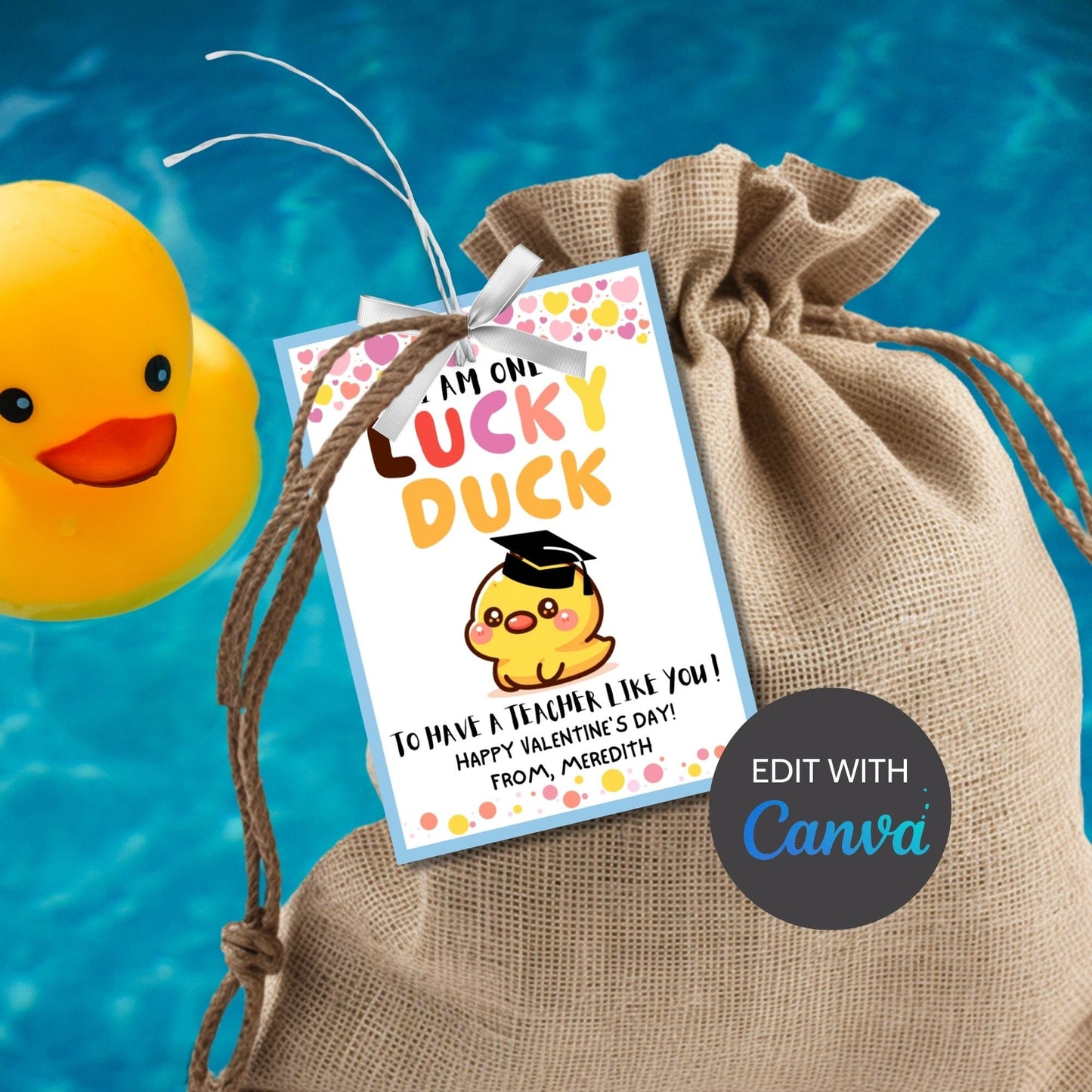 Lucky Duck Valentine Teacher Printable Tag | Editable With Canva | Editable Rubber Duck Valentines Day Gift Tags | One Lucky Duck