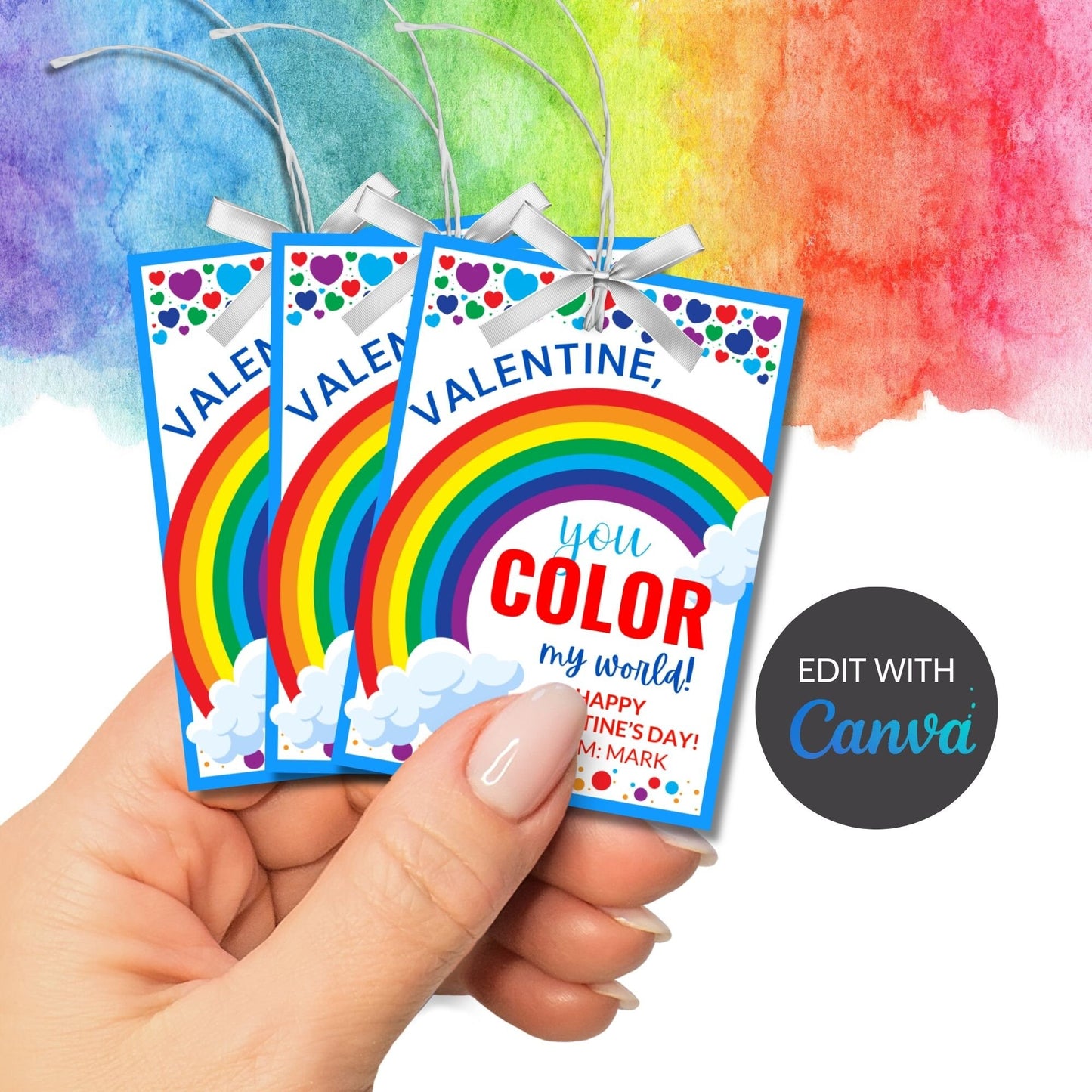Printable Editable Rainbow Valentine Boy Girl | Valentine Gift Tag | Kids Pop It Valentines | V Day Party Rainbow Hearts Printable Digital