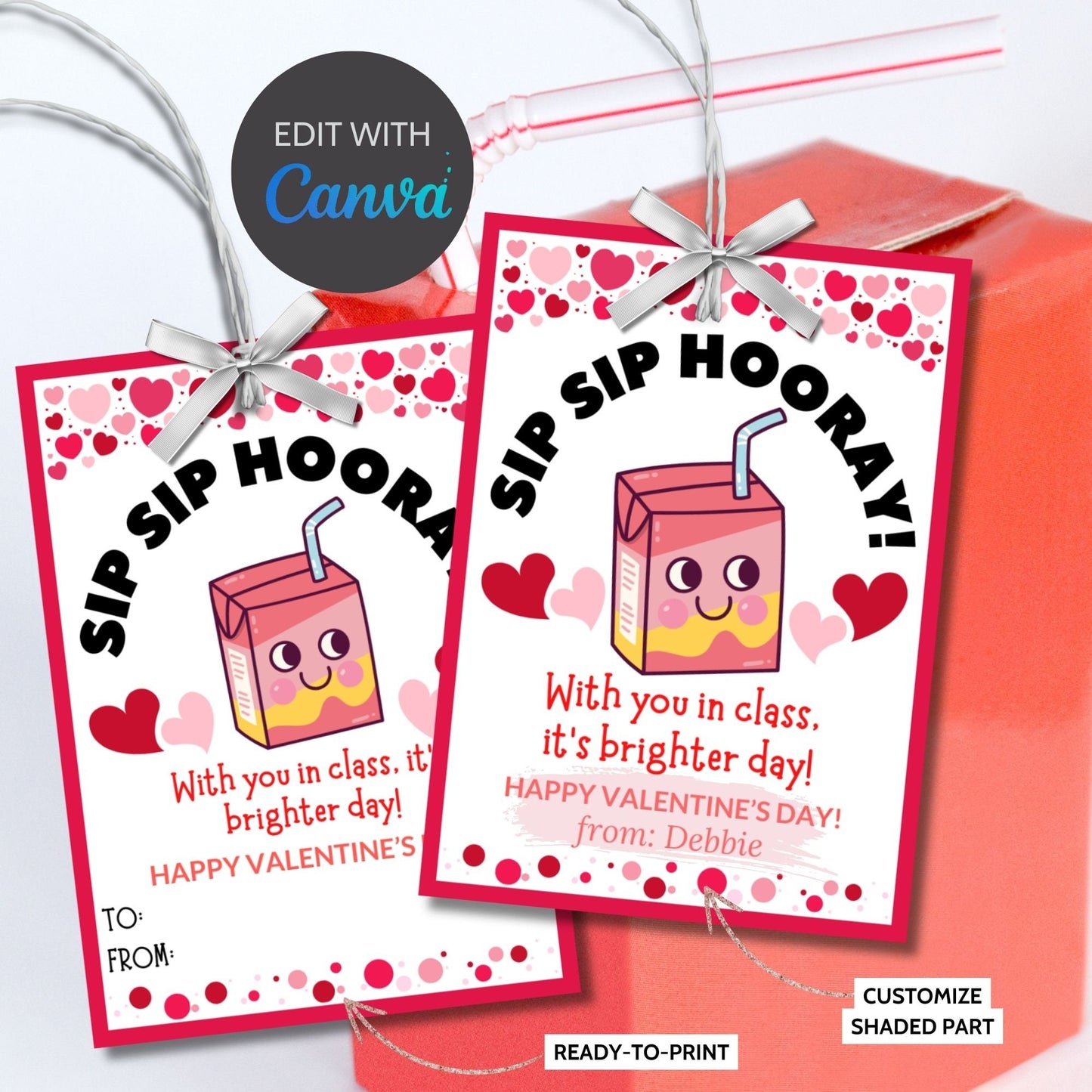 Sip Hooray Juice Drink Valentine Printable Gift Tag | Kids Class Friend Valentines | Tetra Carton Box Label | Preschool Valentine