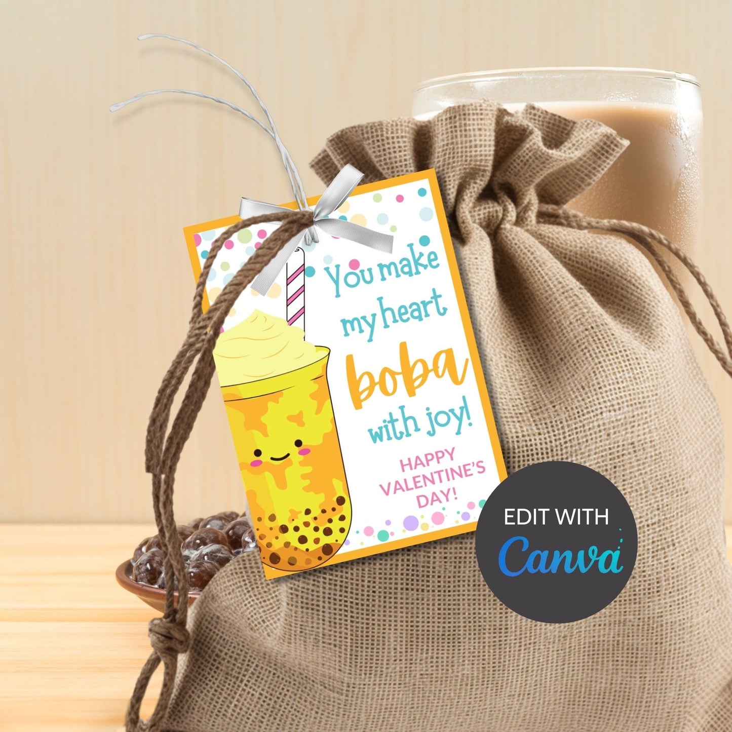 Printable Editable Bubble Tea Card | Valentines Day Card | Kawaii Cute Romantic Gift | Boba Card | Milk Tea | Boba Tea Valentine | Food Puns