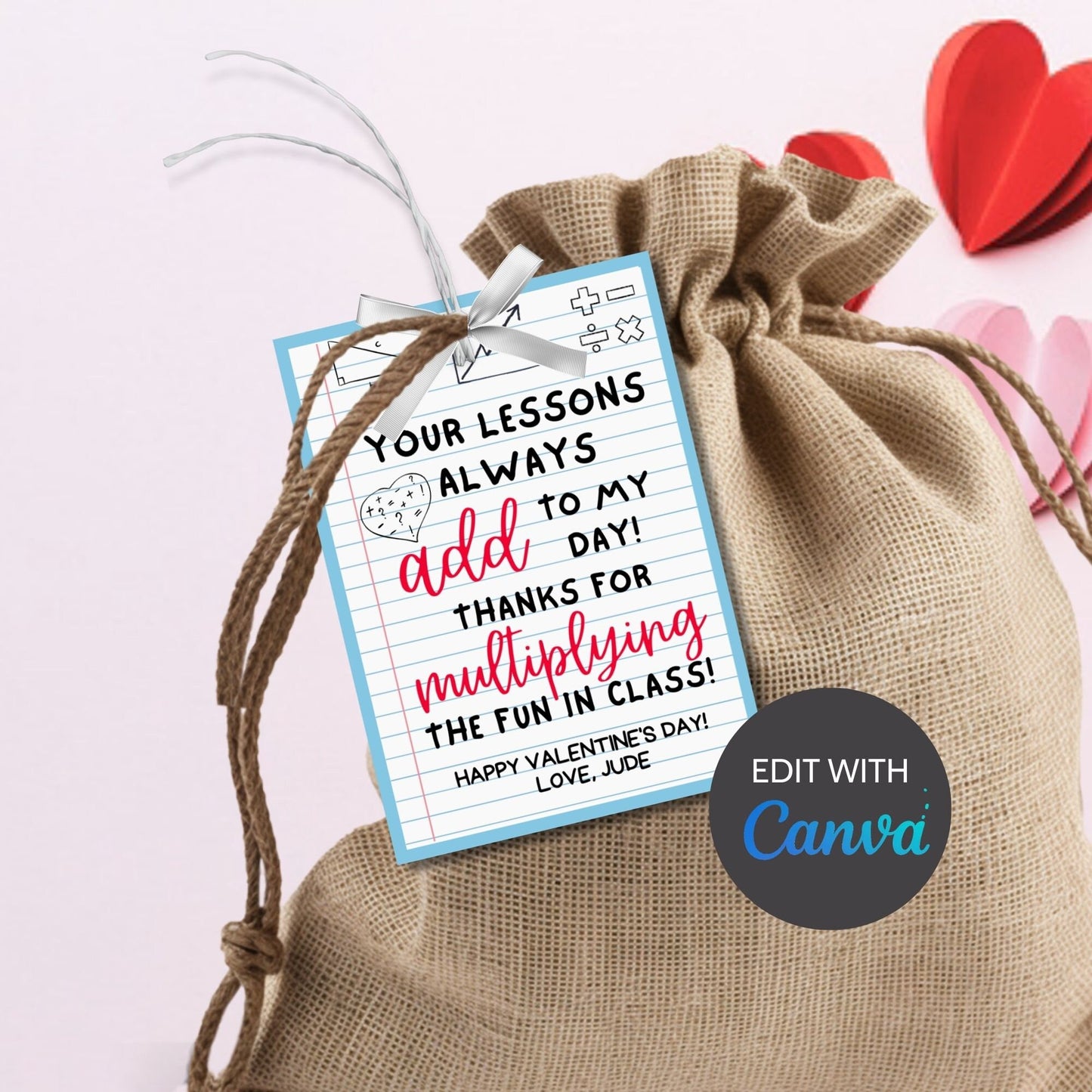 Math Teacher Valentine Gift Tag | Thank You Tag | Educator Student Teacher Staff | Teacher Valentines | Easy | Add Multiply