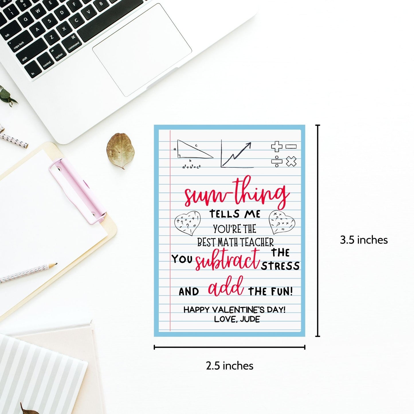 Math Teacher Valentine Gift Tag | Sumthing Tells Me | Multiply Fun | Subtract Stress | Thank You Tag | Educator Student Teacher Staff
