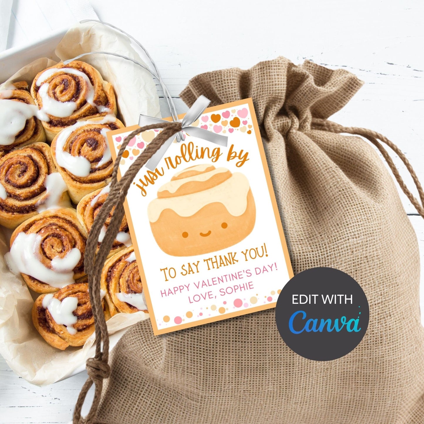 Cute Cinnamon Roll Thank You Tag - Editable Canva Template Personalized Gift Tags - Printable Appreciation Tags for Teachers, Staff, Friends