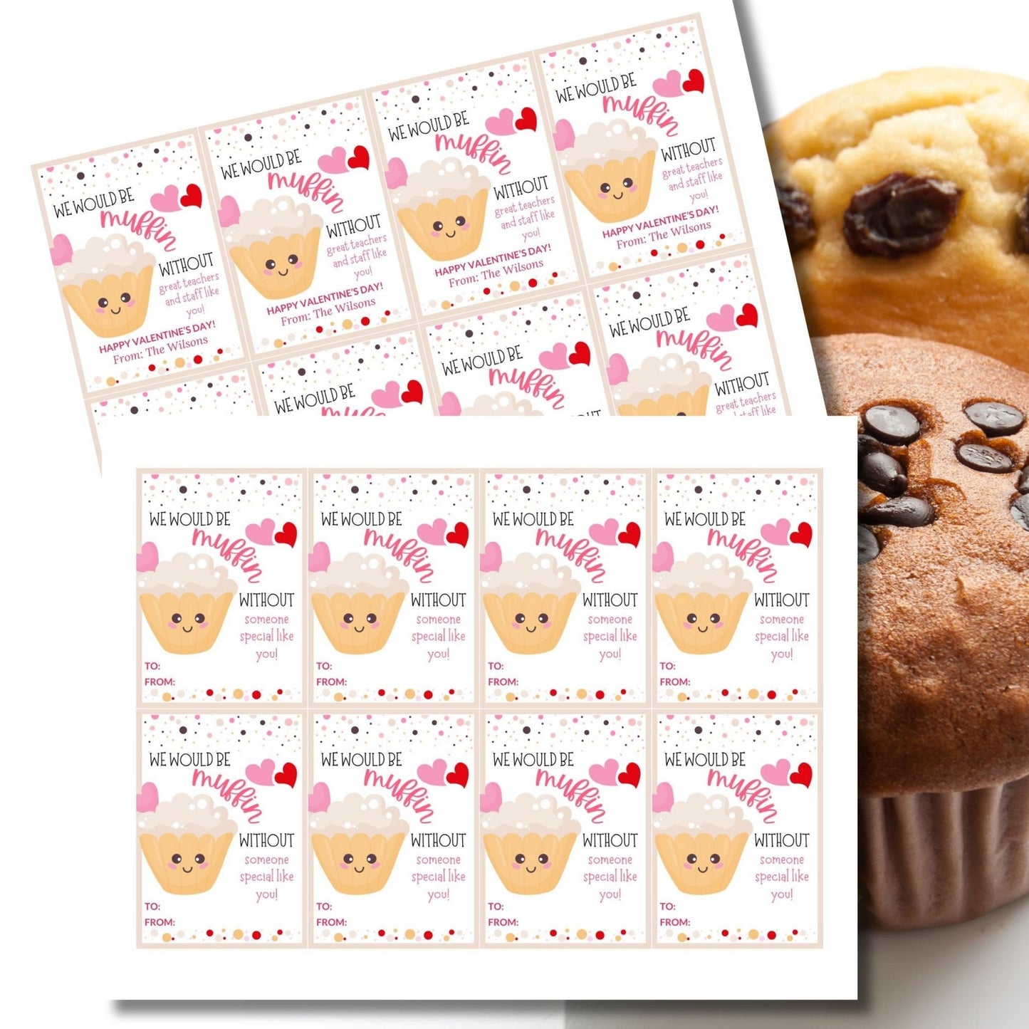 Muffin Valentine Gift Tag Stickers | Would Be Muffin Without | Teacher Staff Family Thank You | Baked Goods Love | Cute Funny Valentine Pun
