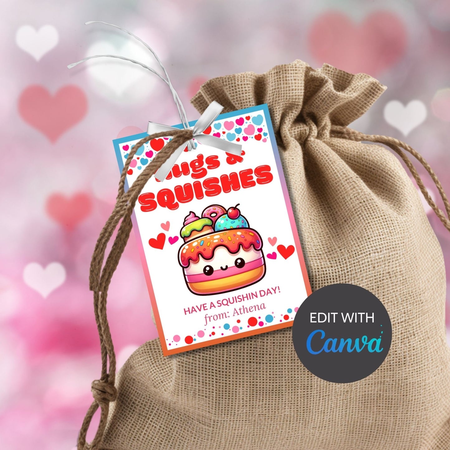 Printable Valentine Squishmallow Tag | Squishin Day | Hugs Squishes | Kids Valentine Favor Tag | Valentine Class Favor Gift Tag