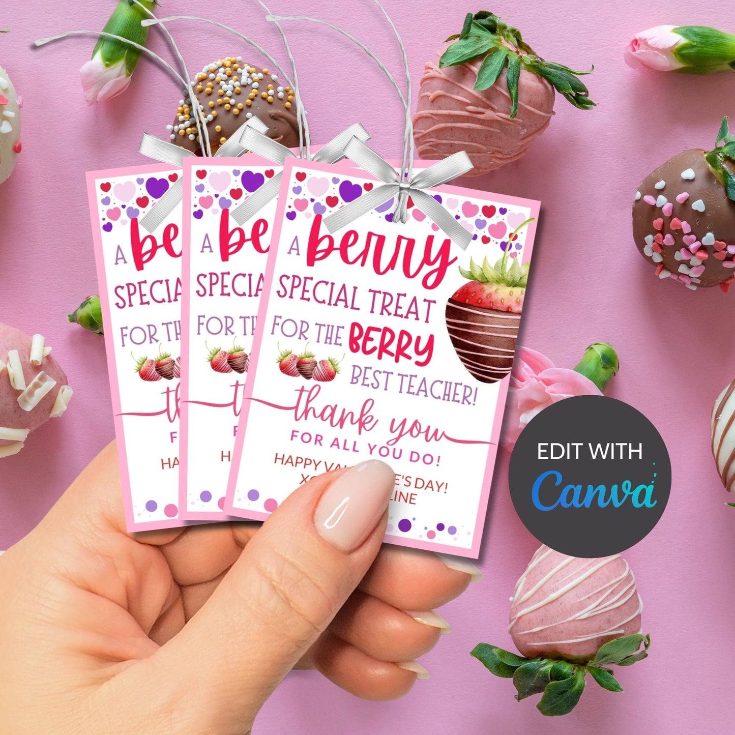 Berry Valentine Printable Tag | Teacher Kid Class School Valentines | Chocolate Dipped Strawberry | Berry Special Treat | Berry Best Teacher