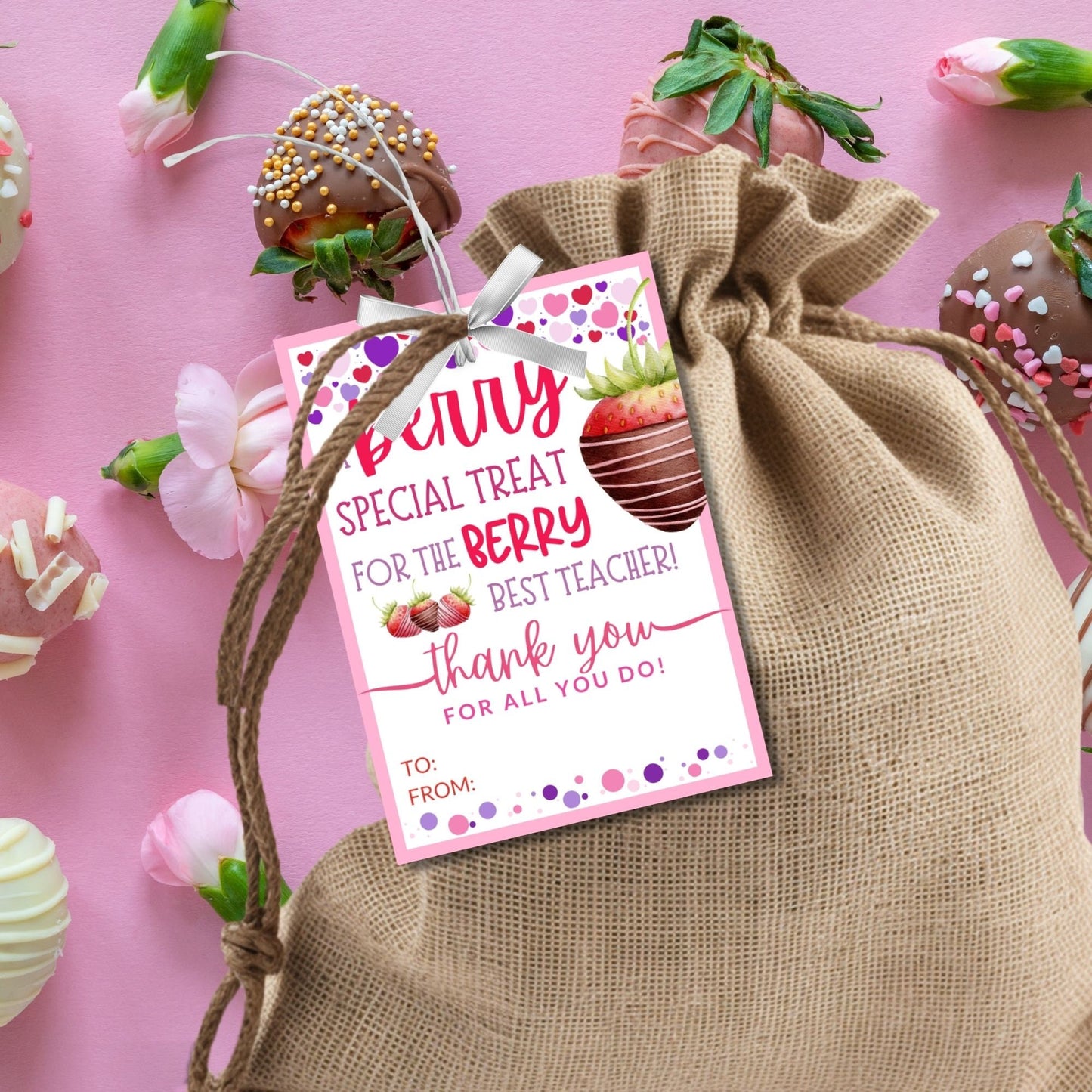 Berry Valentine Printable Tag | Teacher Kid Class School Valentines | Chocolate Dipped Strawberry | Berry Special Treat | Berry Best Teacher