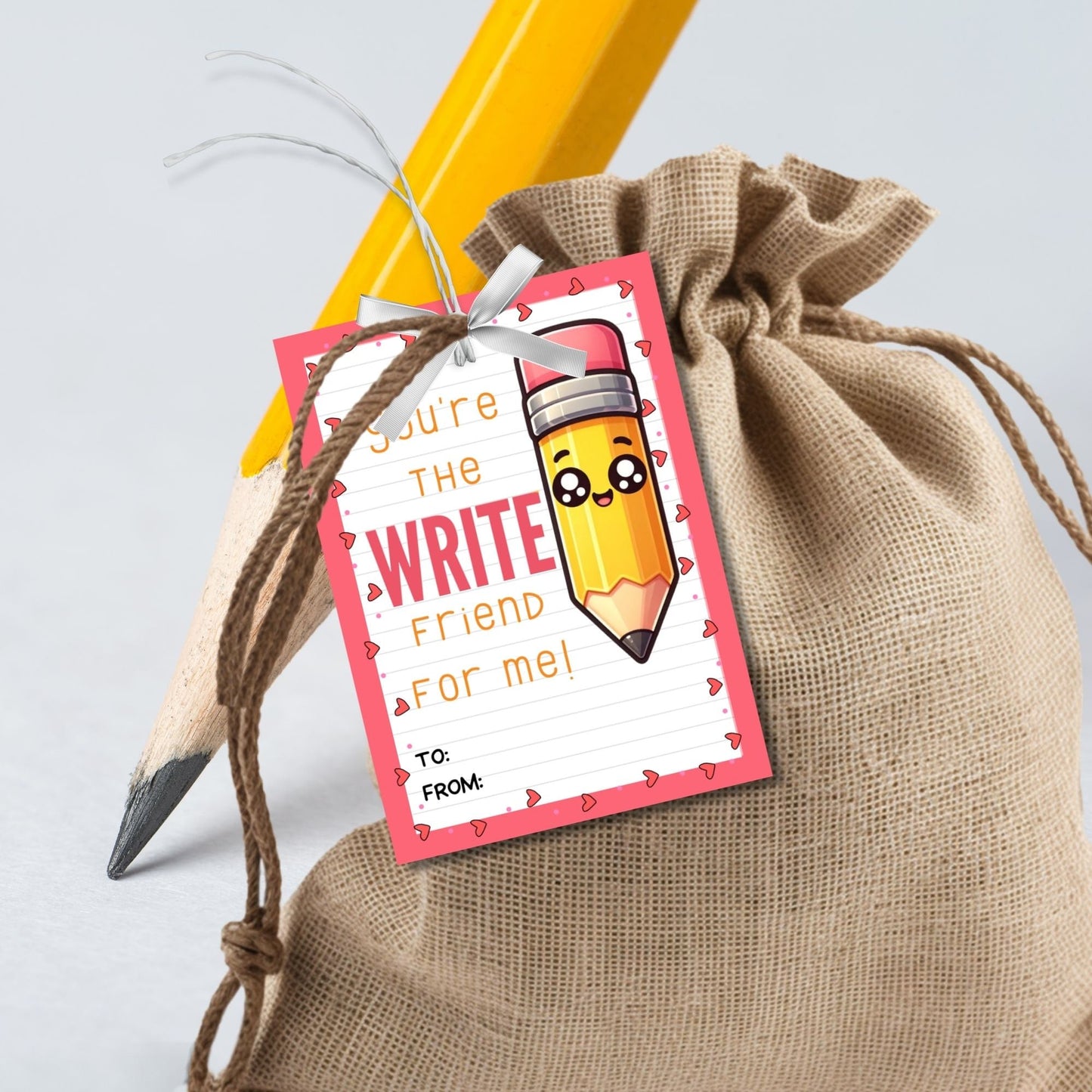 Pencil Valentine Printable Tags | Youre The Write Friend | Pencil Tag Valentines Day Printable | Kids Class Student Friend Valentine Cards