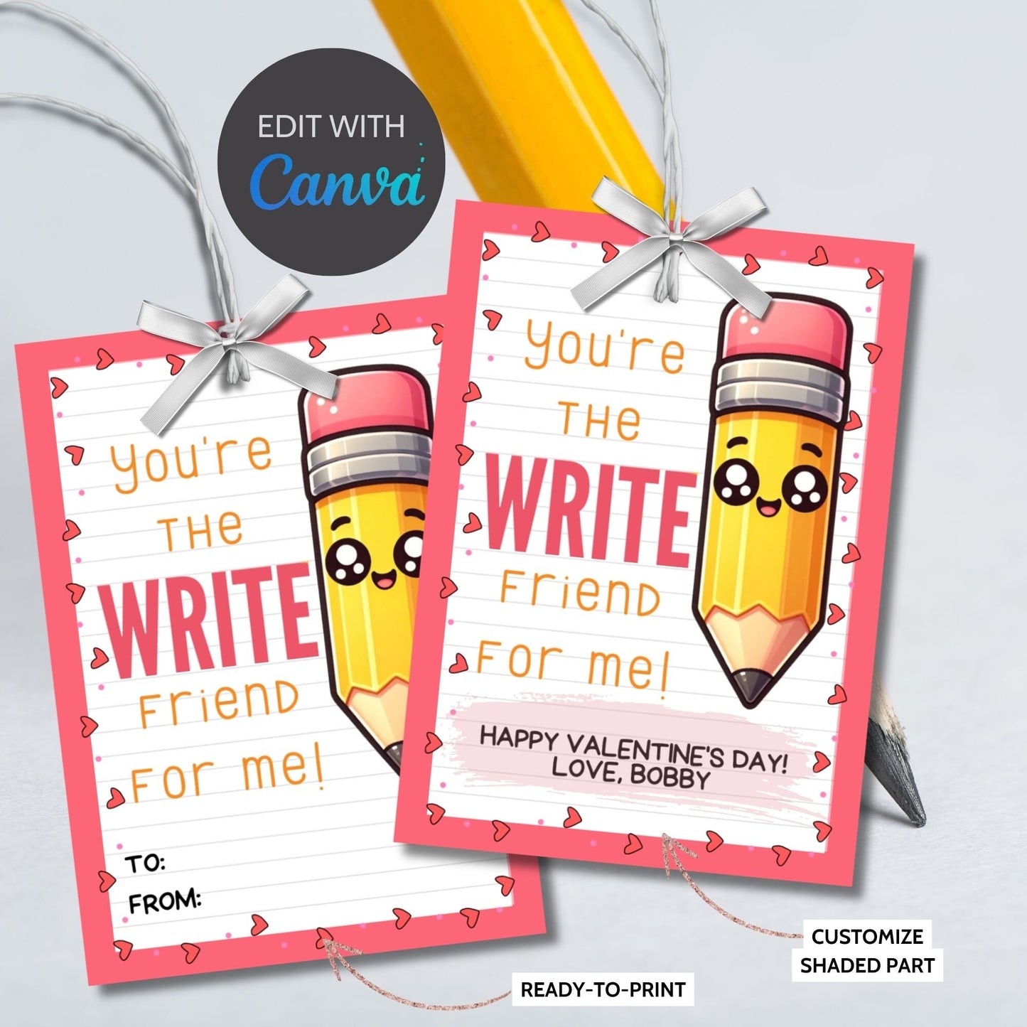 Pencil Valentine Printable Tags | Youre The Write Friend | Pencil Tag Valentines Day Printable | Kids Class Student Friend Valentine Cards