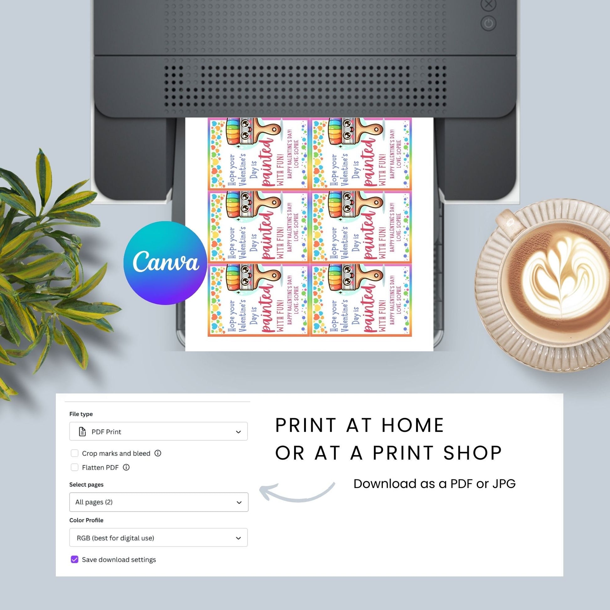 Paint Printable Valentine Tag | Painted Fun | Instant Download | Valentine Art Tag | Toddler Kids Class Students Colorful Valentines