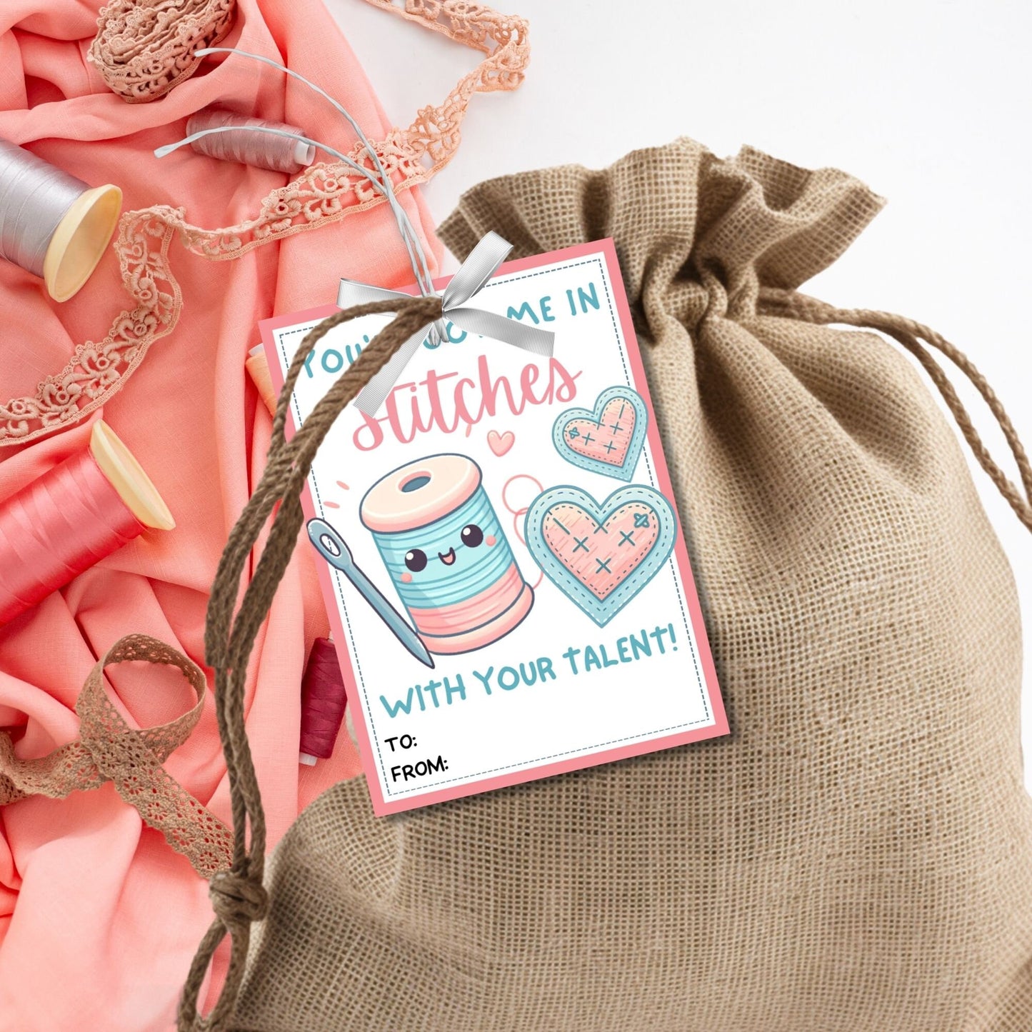 Sewing Valentine Tag | Youve Got me In Stitches | Teacher Class Non-Candy Printable Editable Tag | Seamstress Embroidery Sewing | Crafty