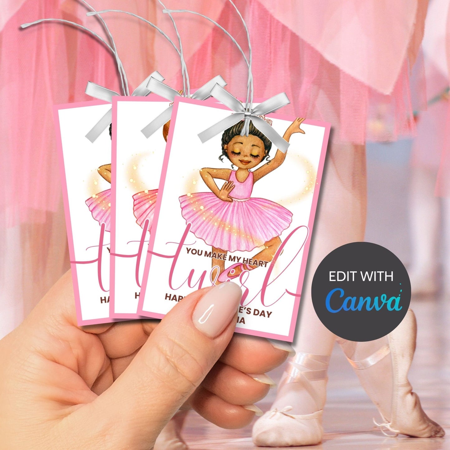 Ballerina Scrunchie Kids Valentine Printable Editable Card Tag | You Make My Heart Twirl | Ballerina School Valentine Scrunchie Card