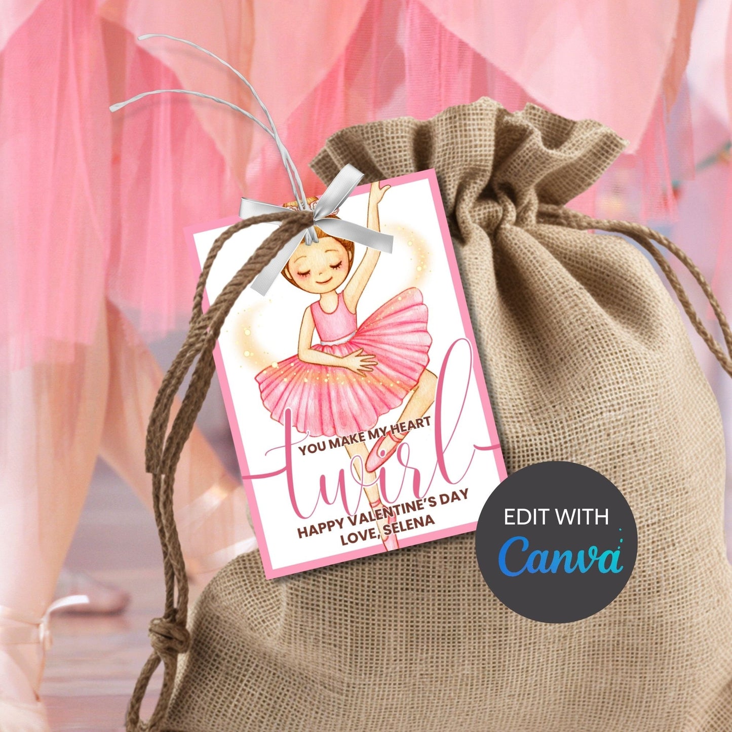 Ballerina Scrunchie Kids Valentine Printable Editable Card Tag | You Make My Heart Twirl | Ballerina School Valentine Scrunchie Card