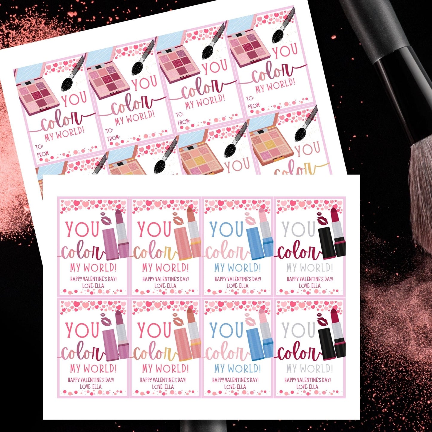Lipstick Lip Gloss Eyeshadow Makeup Valentine Tag Bundle | You Color My World | Galentine Girlfriend Sister Friend Printable Editable Tag