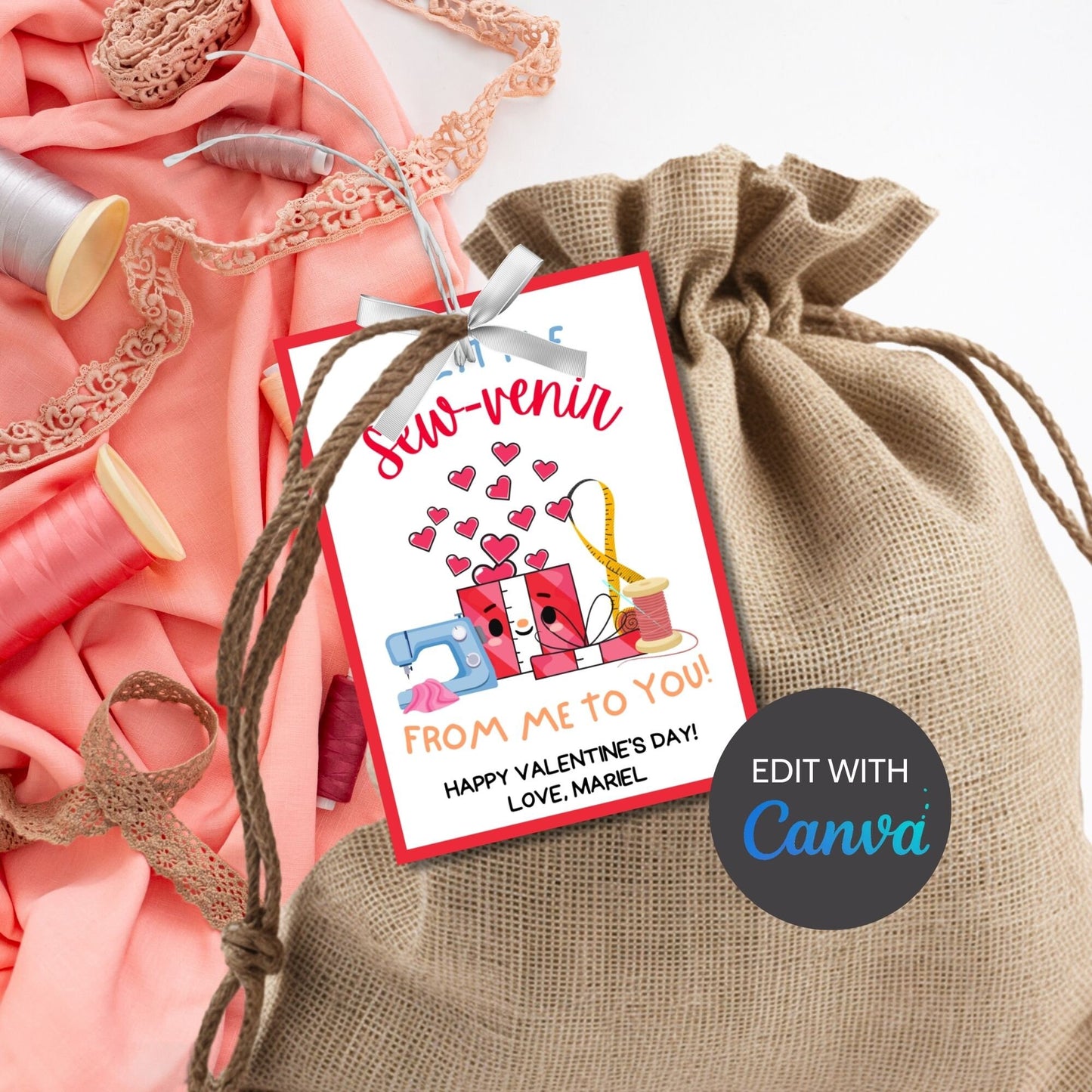 Sewing Valentine Tag | A Little Sewvenir | Teacher Appreciation Class NonCandy Printable Editable Tag | Seamstress Embroidery