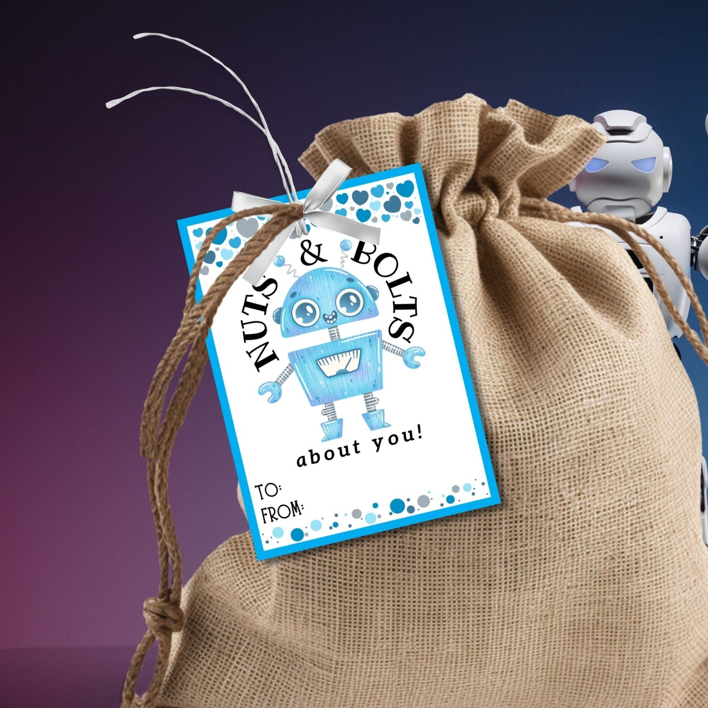 Robot Valentines Boy Printable Editable Gift Tag | Nuts Bolts About You | Class School Friend Valentines | Robot Love