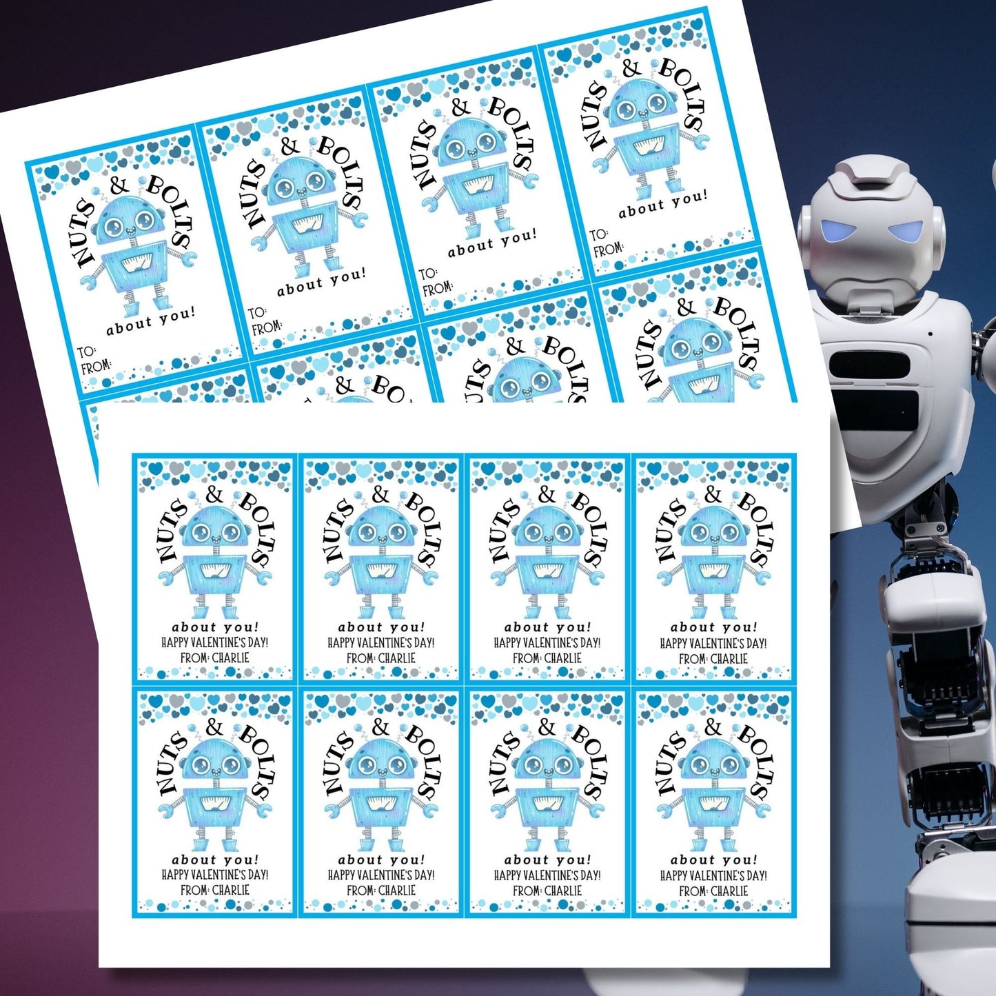 Robot Valentines Boy Printable Editable Gift Tag | Nuts Bolts About You | Class School Friend Valentines | Robot Love