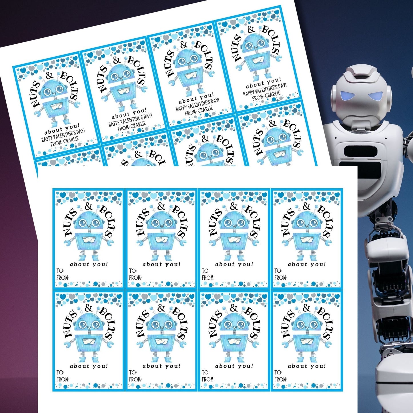 Robot Valentines Boy Printable Editable Gift Tag | Nuts Bolts About You | Class School Friend Valentines | Robot Love