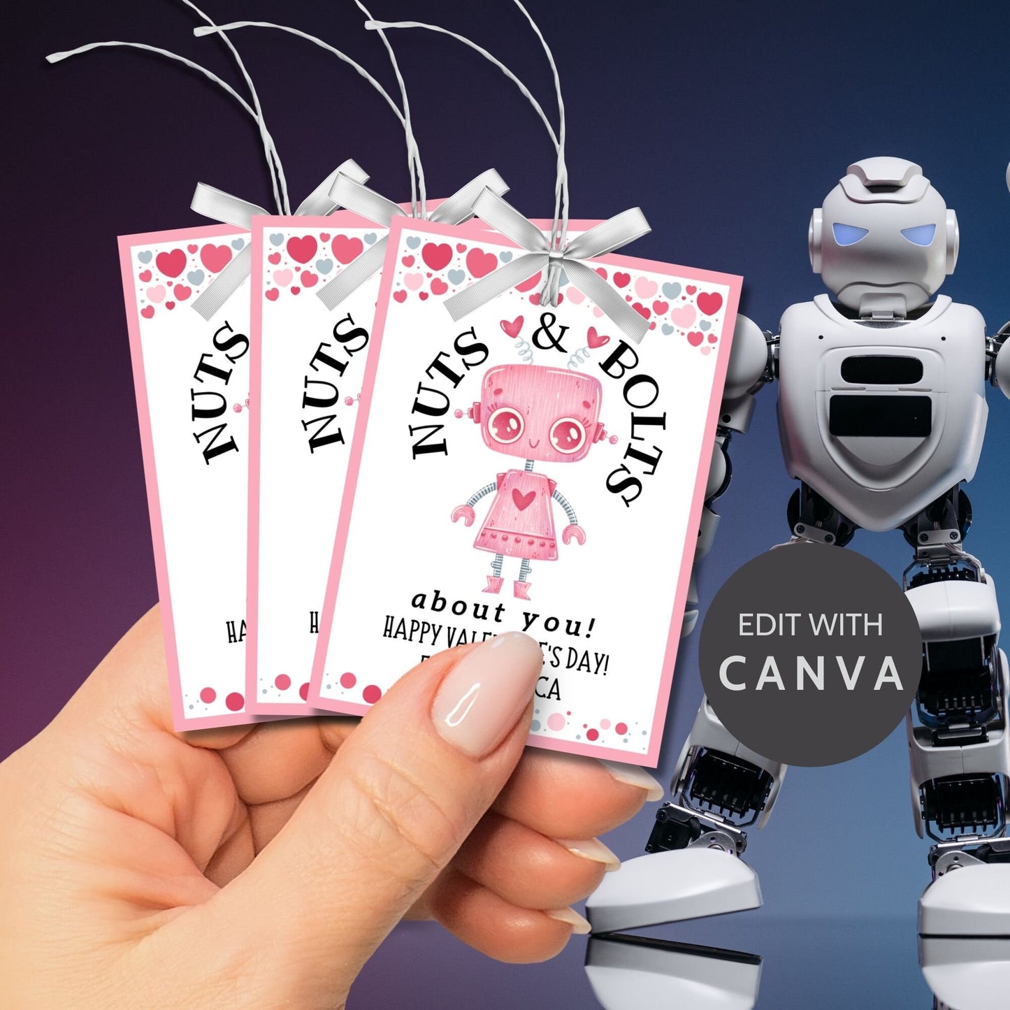 Robot Valentines Girl Printable Editable Gift Tag | Nuts Bolts About You | Class School Friend Valentines | Robot Love