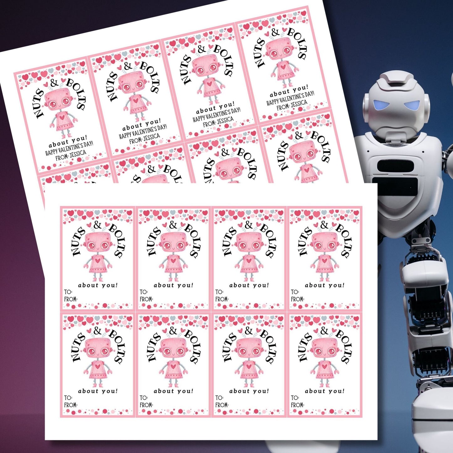 Robot Valentines Girl Printable Editable Gift Tag | Nuts Bolts About You | Class School Friend Valentines | Robot Love