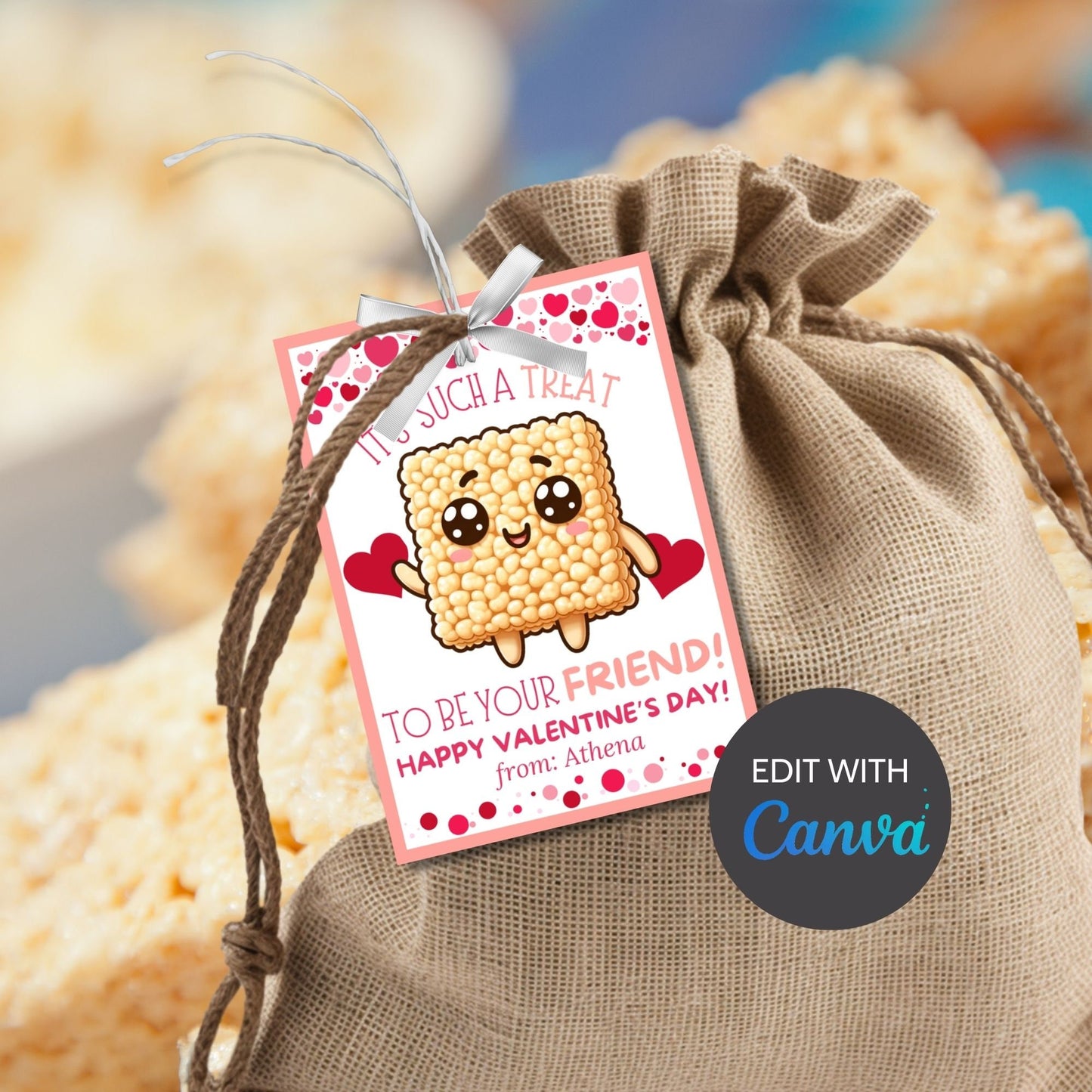 Rice Krispy Treat Printable Valentine Cards | Rice Crispies | Kids Classmate Classroom Friend Snack Bars | Pdf Printable Editable Name