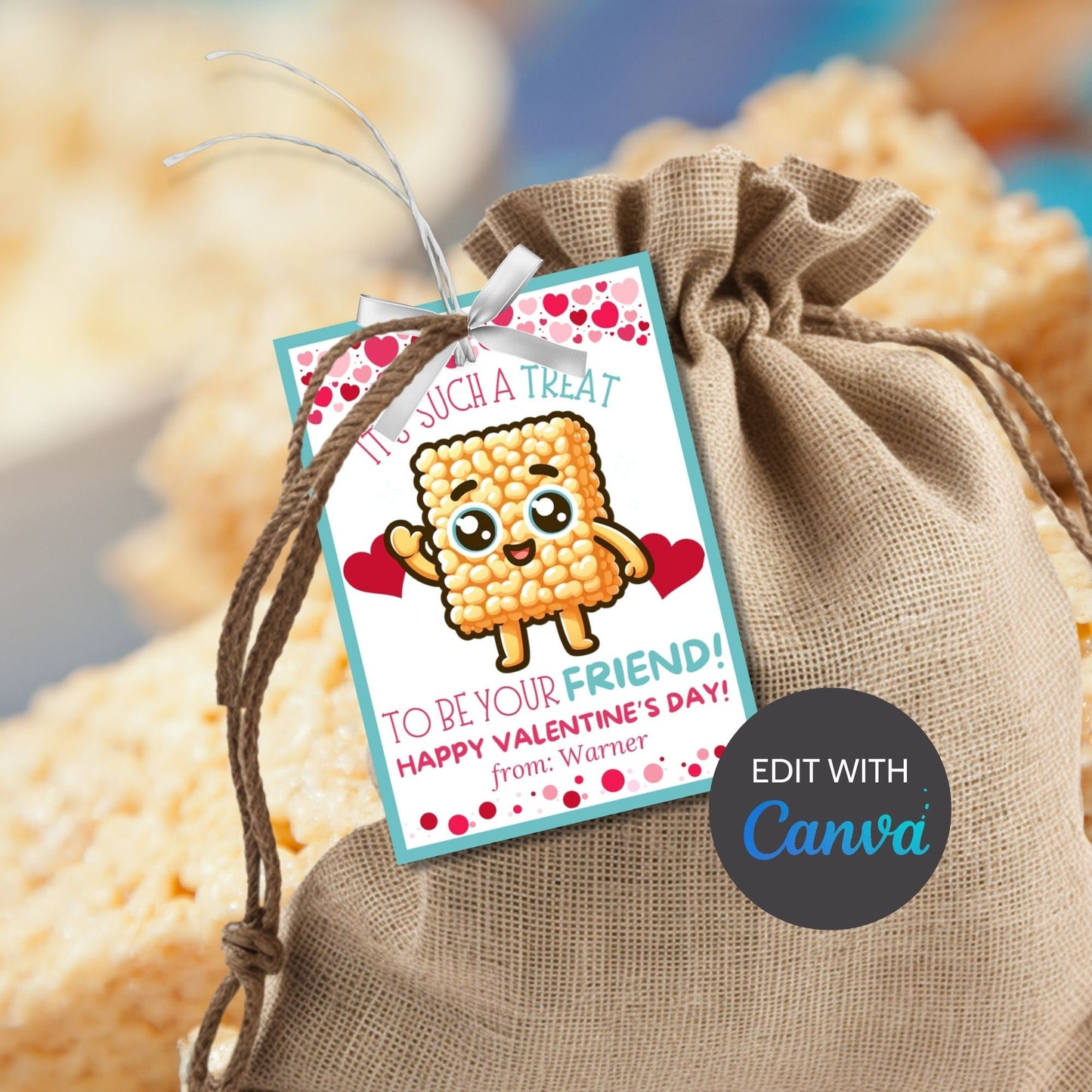Boy Valentine | Rice Krispy Treat Printable Gift Tag | Rice Crispies | Kids Classmate Classroom Friend Snack Bars | Pdf Editable Name