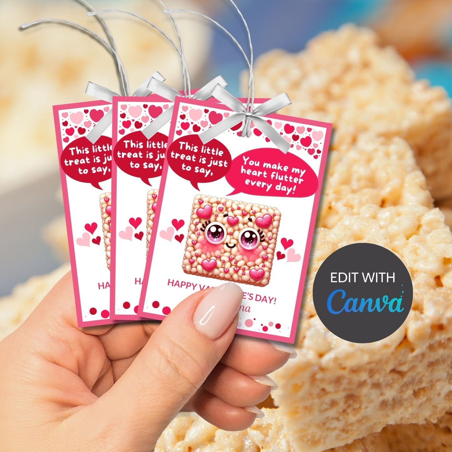 Kids Rice Krispy Crispies Sweet Treat Cute Printable Valentine Card Tag | Classmate Classroom Friend Kawaii Snack Bar Favor Tag