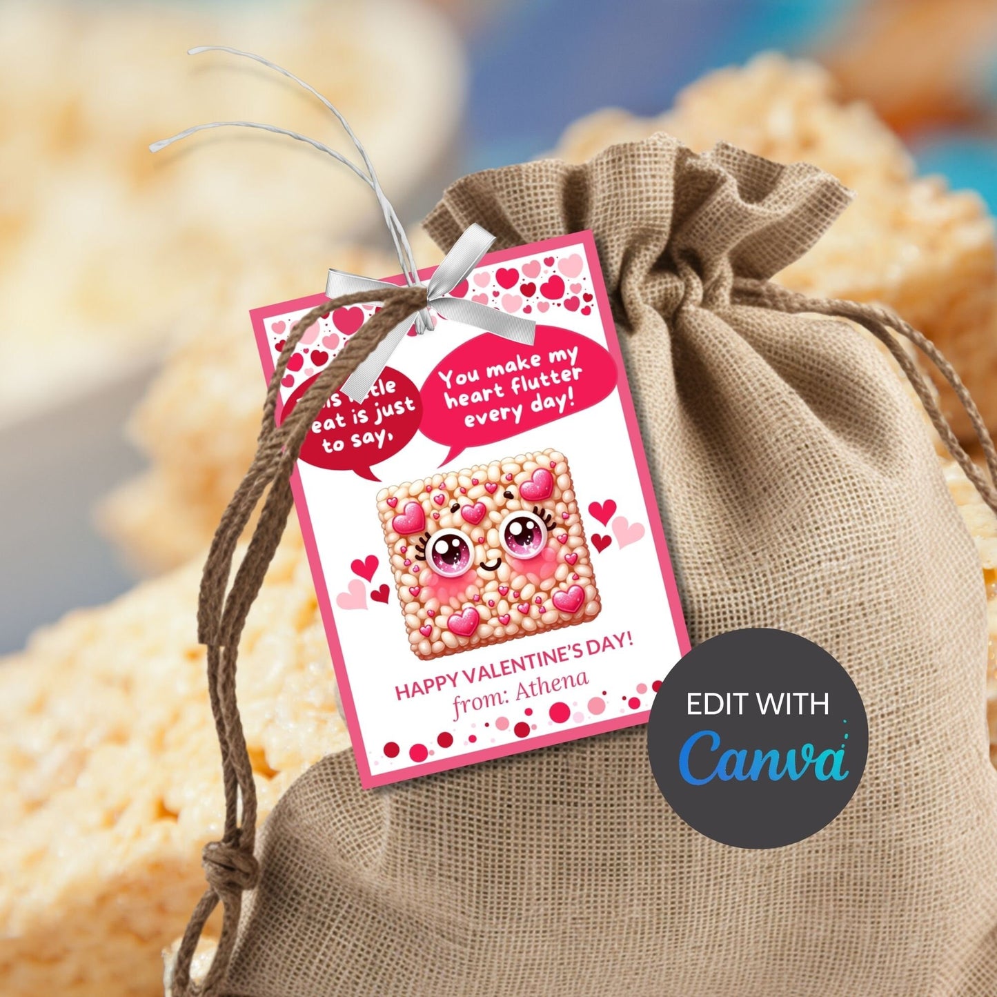 Kids Rice Krispy Crispies Sweet Treat Cute Printable Valentine Card Tag | Classmate Classroom Friend Kawaii Snack Bar Favor Tag