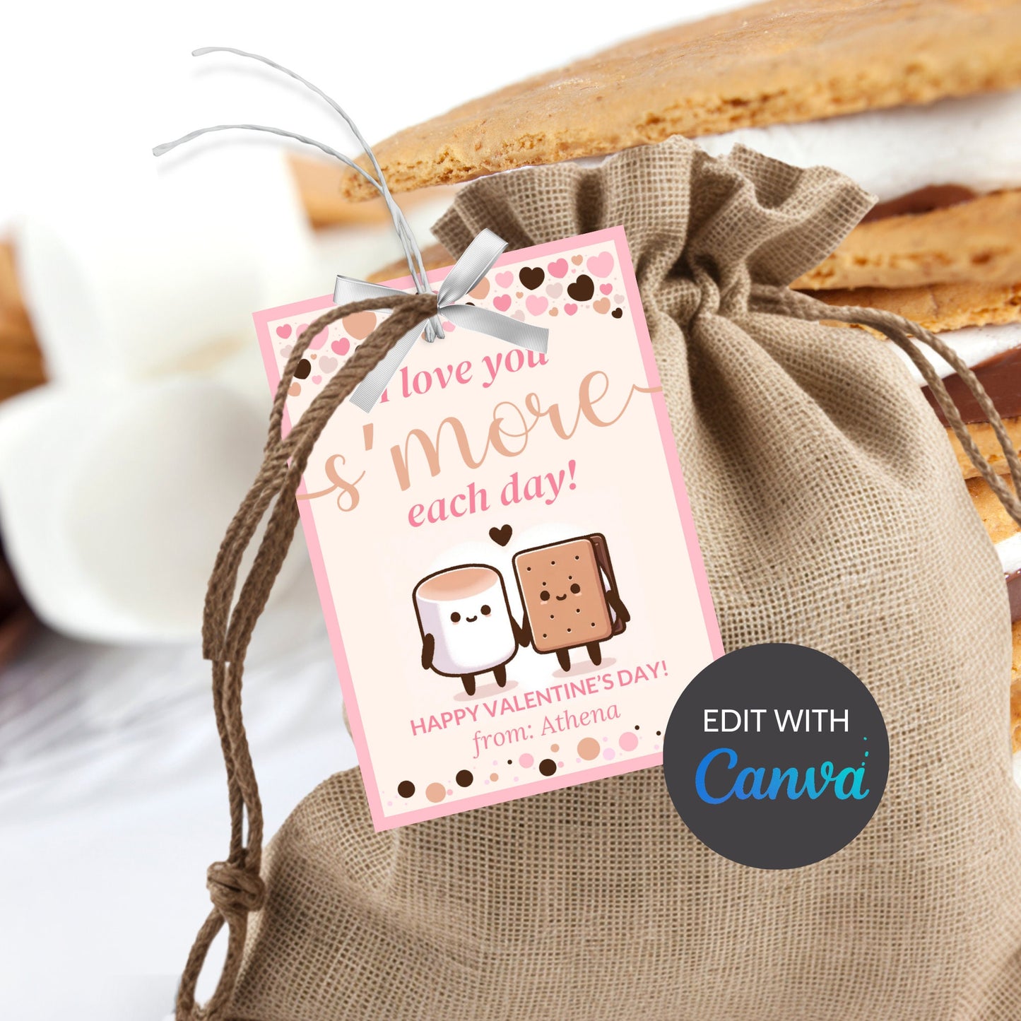I Love You Smore Each Day Valentine Printable Tag | Editable | Smores Bar | Smores Valentine | Teacher Friend Classmate Smores