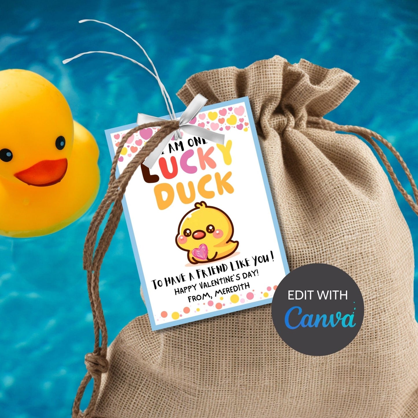 Lucky Duck Valentine Friend Printable Tag | Editable With Canva | Editable Rubber Duck Valentines Day Gift Tags | One Lucky Duck